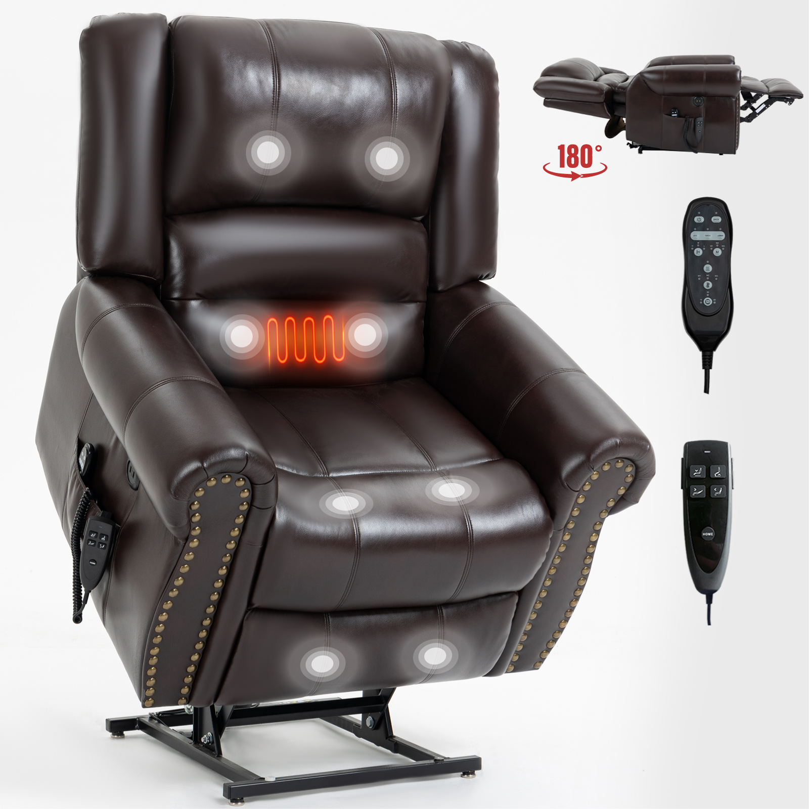 Power Lift Recliner Chair Heat Massage Dual Motor Infinite Position Up to 350 LBS, Faux Leather, Heavy Duty Motion Mechanism with USB Ports,  Antique Brown/Grey/Black/Brown