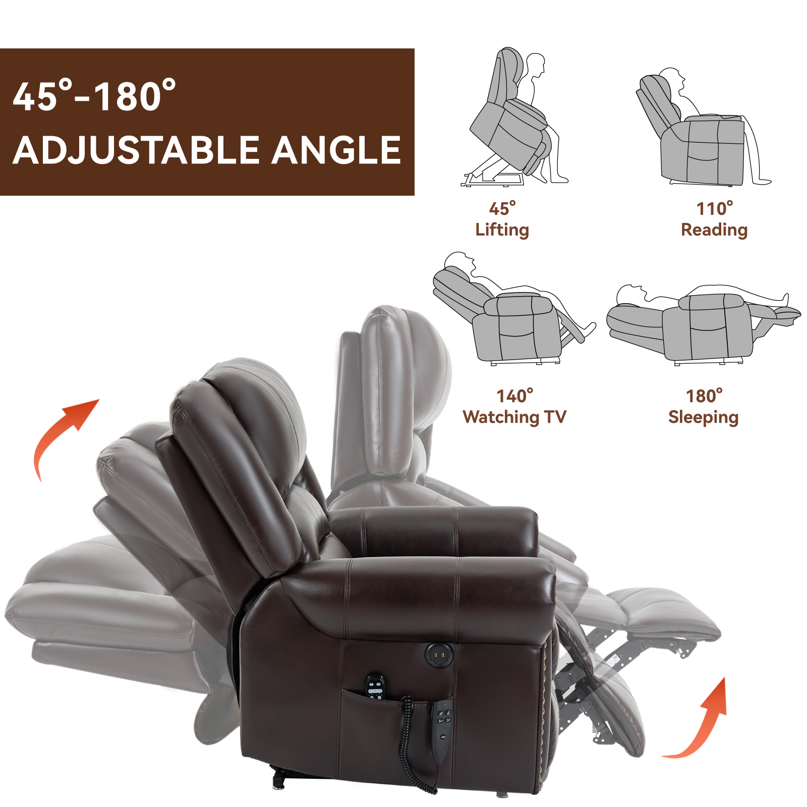 Power Lift Recliner Chair Heat Massage Dual Motor Infinite Position Up to 350 LBS, Faux Leather, Heavy Duty Motion Mechanism with USB Ports,  Antique Brown/Grey/Black/Brown
