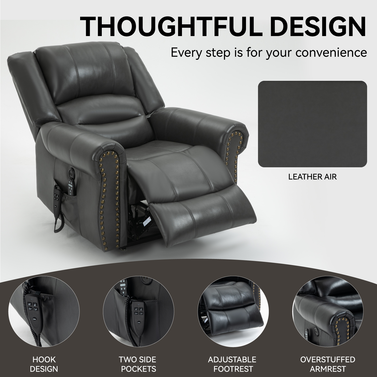 Power Lift Recliner Chair Heat Massage Dual Motor Infinite Position Up to 350 LBS, Faux Leather, Heavy Duty Motion Mechanism with USB Ports,  Antique Brown/Grey/Black/Brown