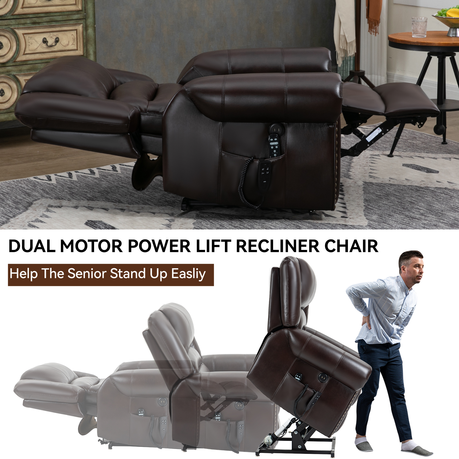 Power Lift Recliner Chair Heat Massage Dual Motor Infinite Position Up to 350 LBS, Faux Leather, Heavy Duty Motion Mechanism with USB Ports,  Antique Brown/Grey/Black/Brown