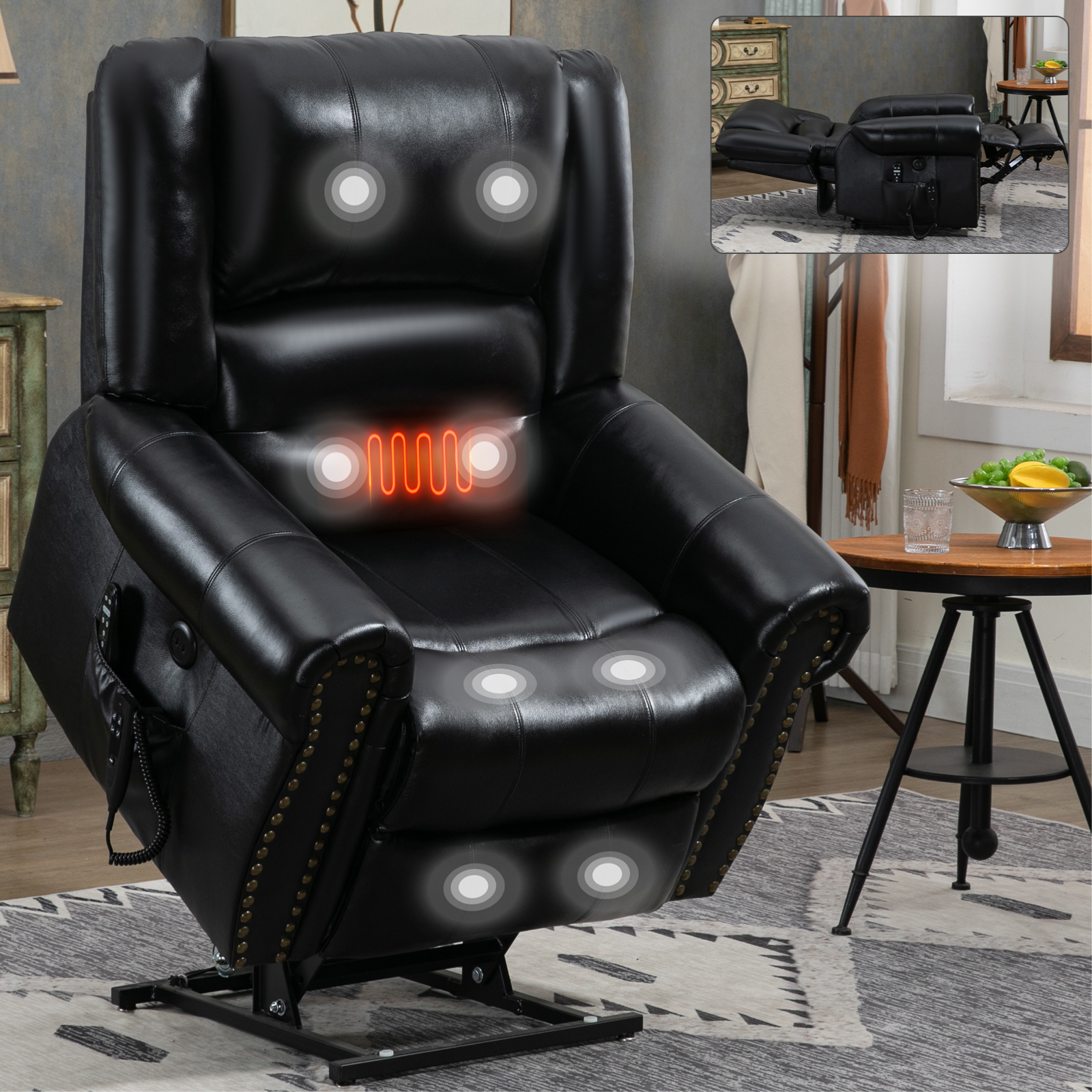 Power Lift Recliner Chair Heat Massage Dual Motor Infinite Position Up to 350 LBS, Faux Leather, Heavy Duty Motion Mechanism with USB Ports,  Antique Brown/Grey/Black/Brown
