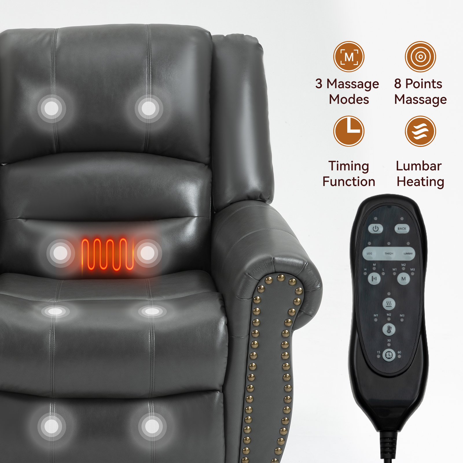 Power Lift Recliner Chair Heat Massage Dual Motor Infinite Position Up to 350 LBS, Faux Leather, Heavy Duty Motion Mechanism with USB Ports,  Antique Brown/Grey/Black/Brown