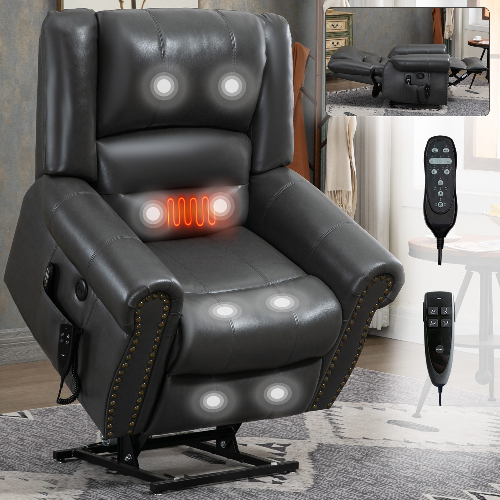 Power Lift Recliner Chair Heat Massage Dual Motor Infinite Position Up to 350 LBS, Faux Leather, Heavy Duty Motion Mechanism with USB Ports,  Antique Brown/Grey/Black/Brown