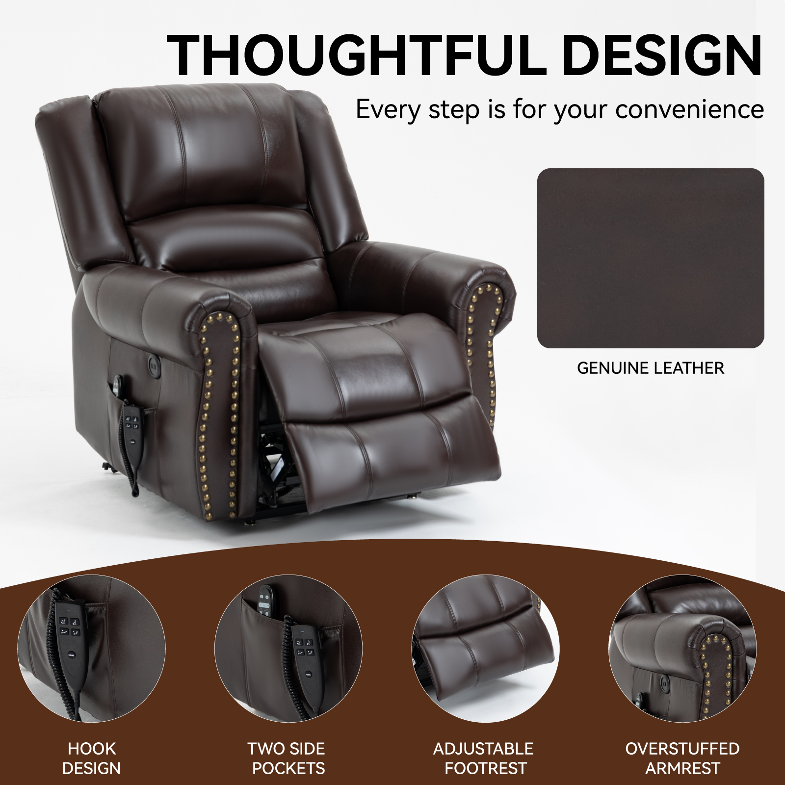 Power Lift Recliner Chair Heat Massage Dual Motor Infinite Position Up to 350 LBS, Faux Leather, Heavy Duty Motion Mechanism with USB Ports,  Antique Brown/Grey/Black/Brown