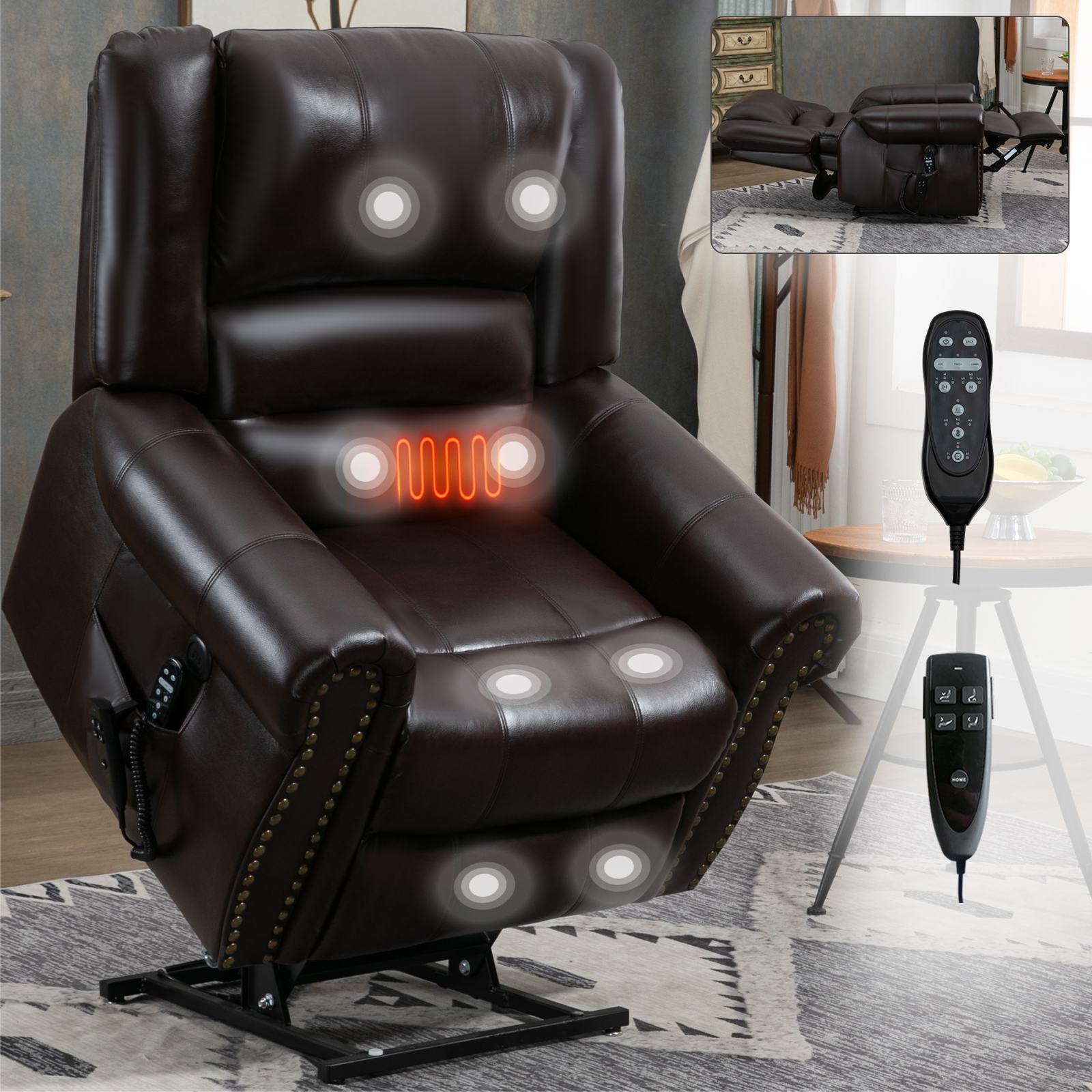 Power Lift Recliner Chair Heat Massage Dual Motor Infinite Position Up to 350 LBS, Faux Leather, Heavy Duty Motion Mechanism with USB Ports,  Antique Brown/Grey/Black/Brown