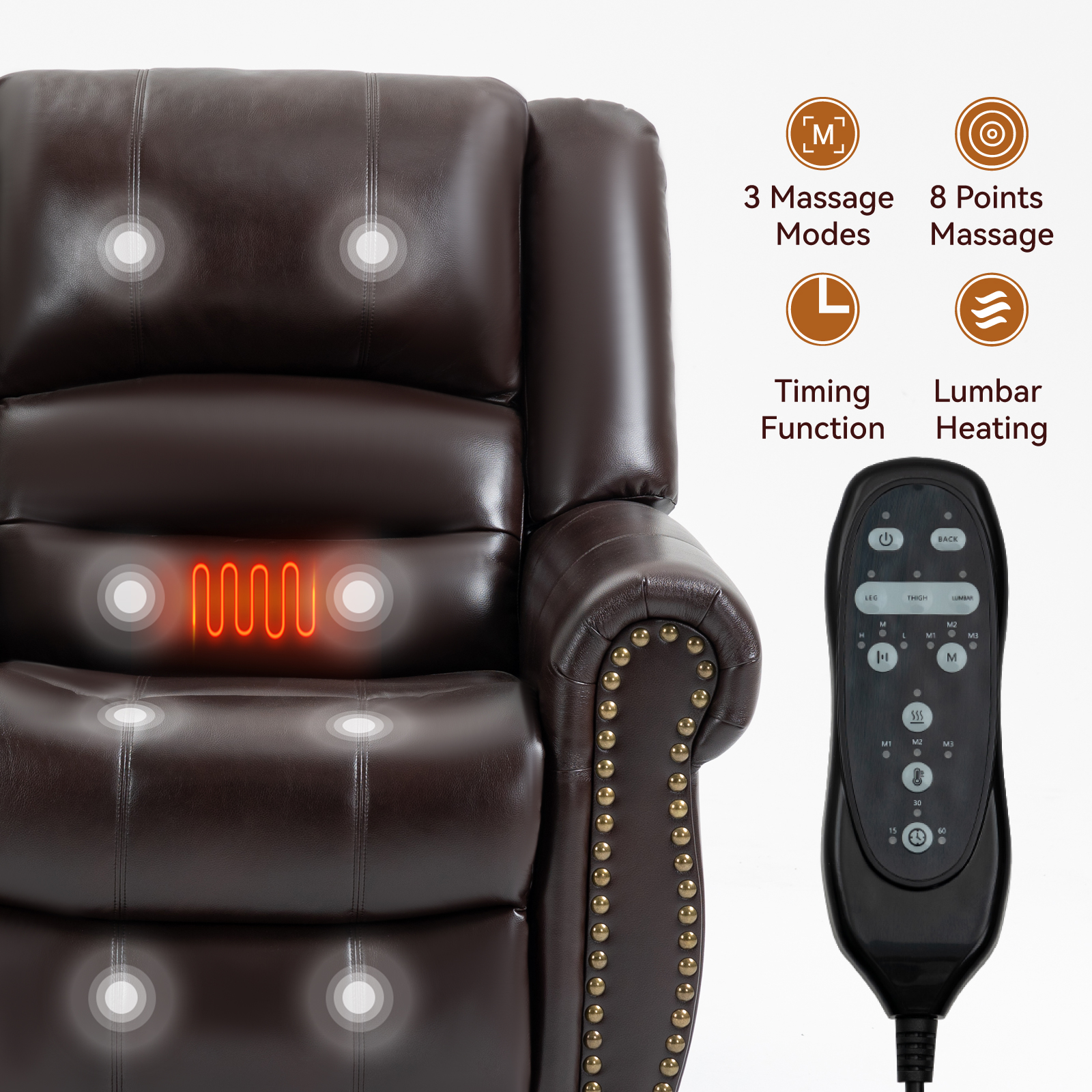 Power Lift Recliner Chair Heat Massage Dual Motor Infinite Position Up to 350 LBS, Faux Leather, Heavy Duty Motion Mechanism with USB Ports,  Antique Brown/Grey/Black/Brown
