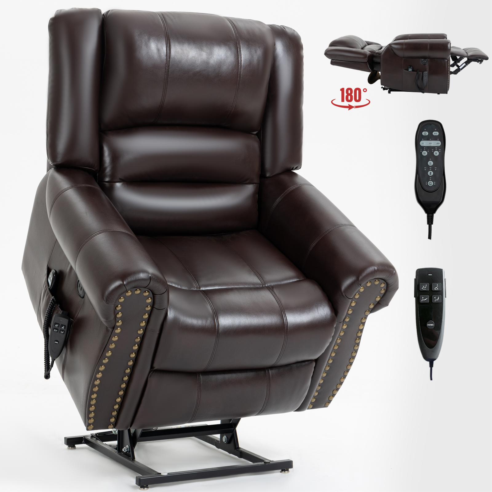 Power Lift Recliner Chair Heat Massage Dual Motor Infinite Position Up to 350 LBS, Faux Leather, Heavy Duty Motion Mechanism with USB Ports,  Antique Brown/Grey/Black/Brown