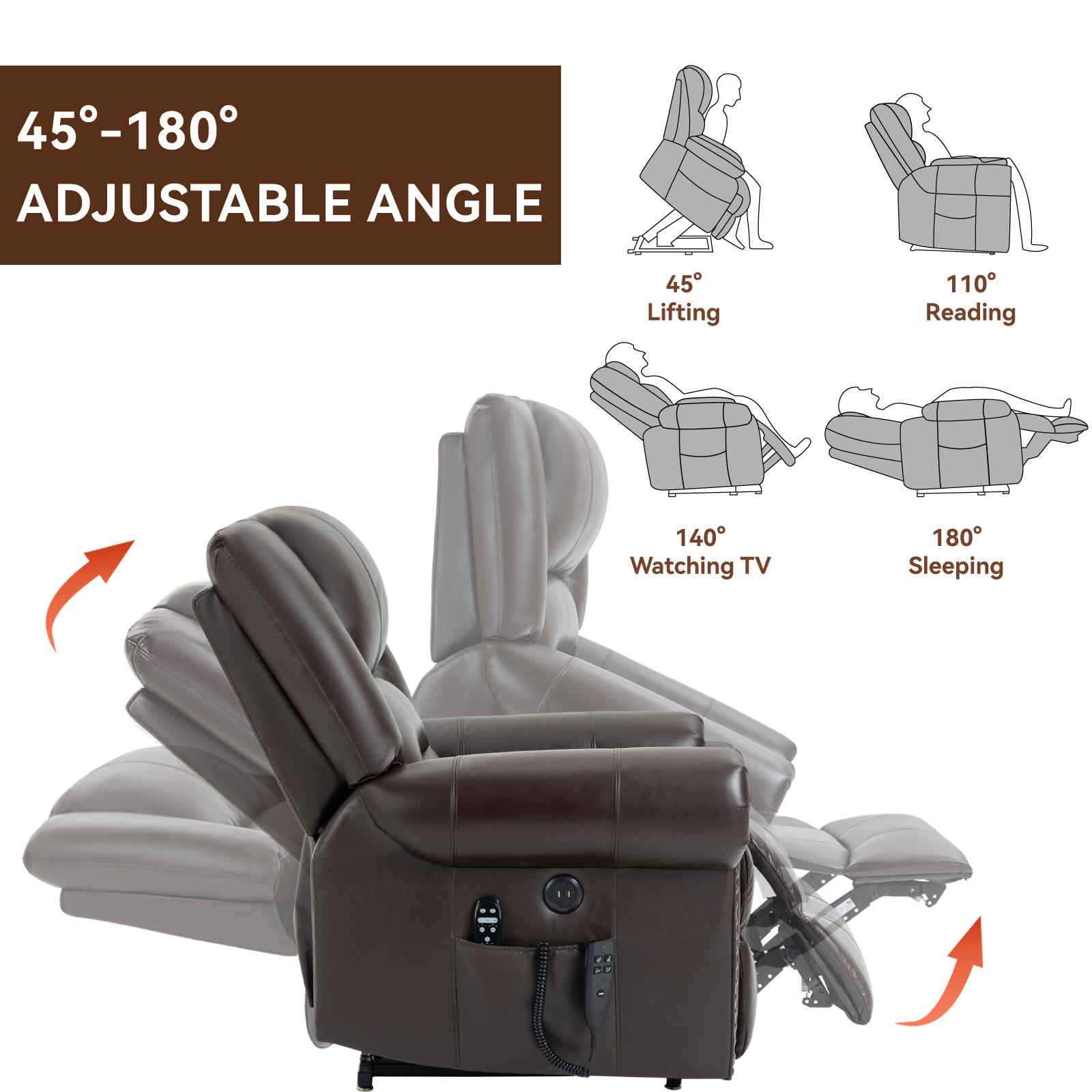 Power Lift Recliner Chair Heat Massage Dual Motor Infinite Position Up to 350 LBS, Faux Leather, Heavy Duty Motion Mechanism with USB Ports,  Antique Brown/Grey/Black/Brown