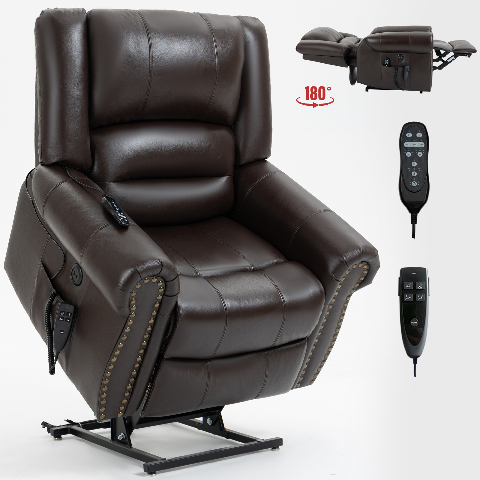 Power Lift Recliner Chair Heat Massage Dual Motor Infinite Position Up to 350 LBS, Faux Leather, Heavy Duty Motion Mechanism with USB Ports,  Antique Brown/Grey/Black/Brown