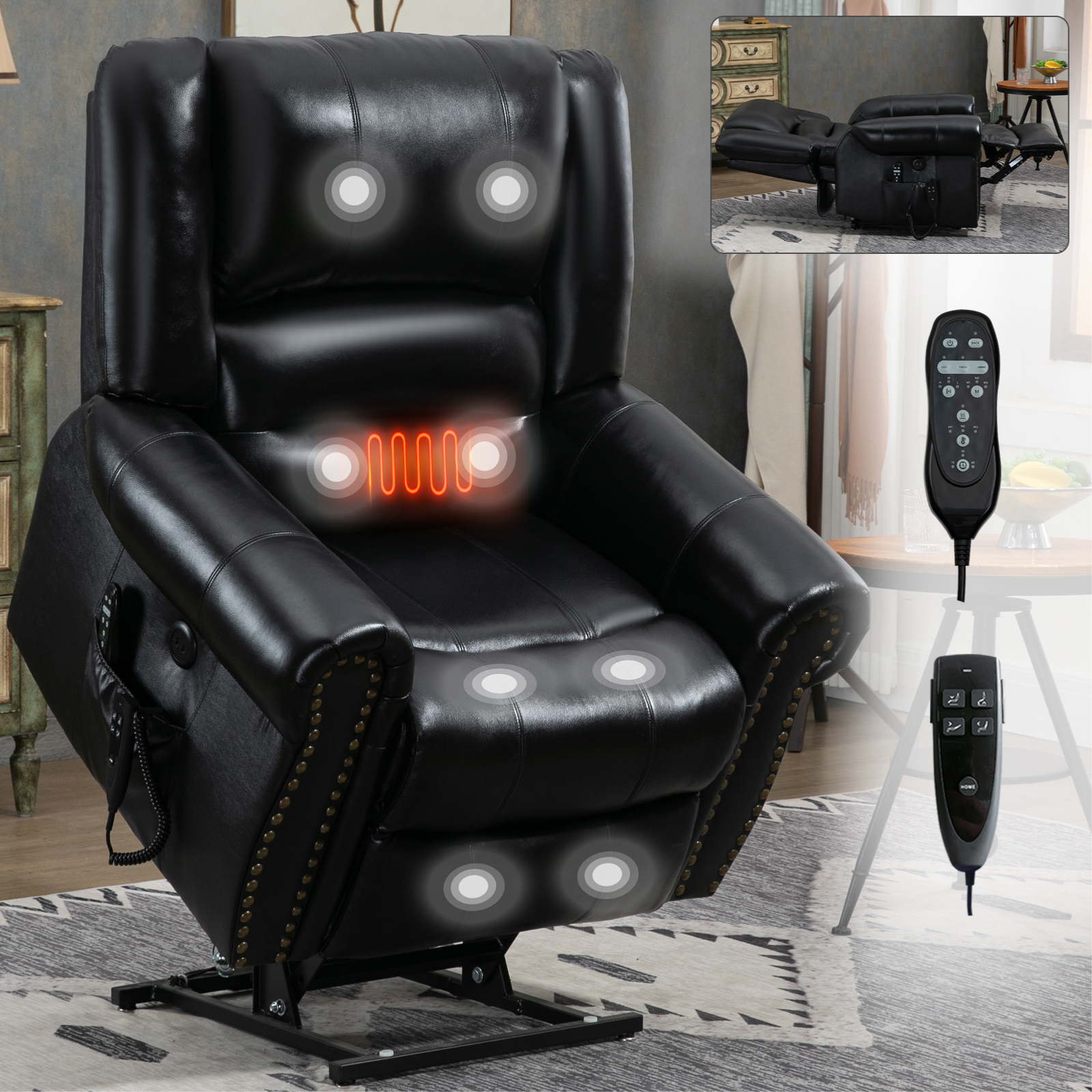 Power Lift Recliner Chair Heat Massage Dual Motor Infinite Position Up to 350 LBS, Faux Leather, Heavy Duty Motion Mechanism with USB Ports,  Antique Brown/Grey/Black/Brown