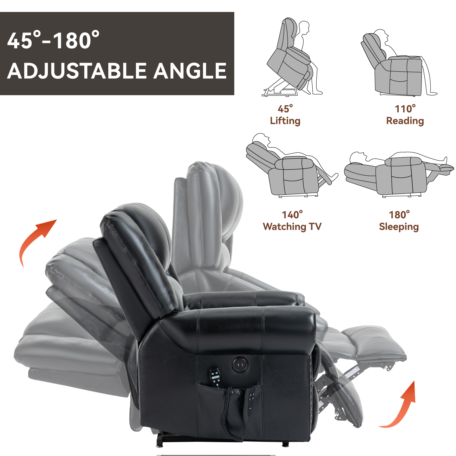 Power Lift Recliner Chair Heat Massage Dual Motor Infinite Position Up to 350 LBS, Faux Leather, Heavy Duty Motion Mechanism with USB Ports,  Antique Brown/Grey/Black/Brown