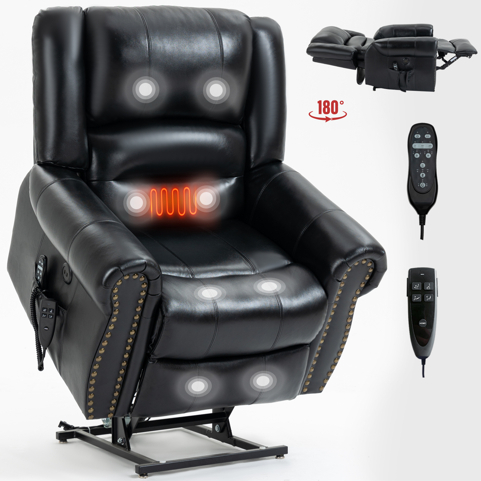 Power Lift Recliner Chair Heat Massage Dual Motor Infinite Position Up to 350 LBS, Faux Leather, Heavy Duty Motion Mechanism with USB Ports,  Antique Brown/Grey/Black/Brown