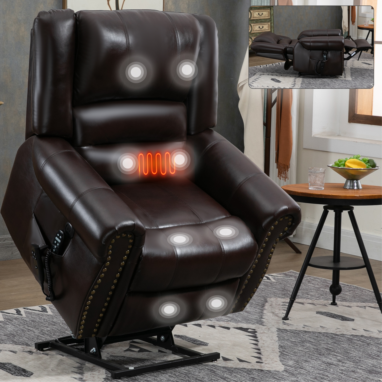 Power Lift Recliner Chair Heat Massage Dual Motor Infinite Position Up to 350 LBS, Faux Leather, Heavy Duty Motion Mechanism with USB Ports,  Antique Brown/Grey/Black/Brown