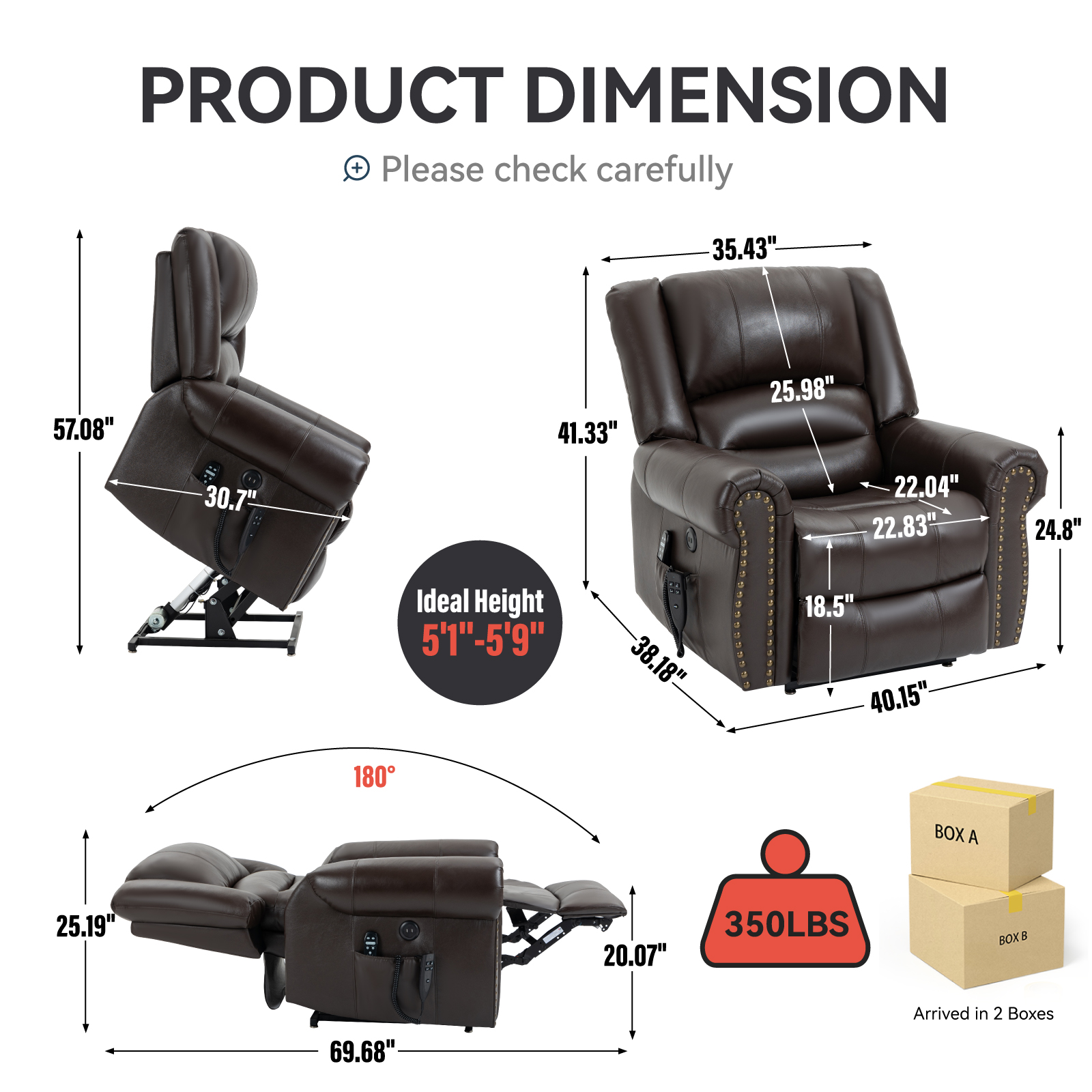Power Lift Recliner Chair Heat Massage Dual Motor Infinite Position Up to 350 LBS, Faux Leather, Heavy Duty Motion Mechanism with USB Ports,  Antique Brown/Grey/Black/Brown