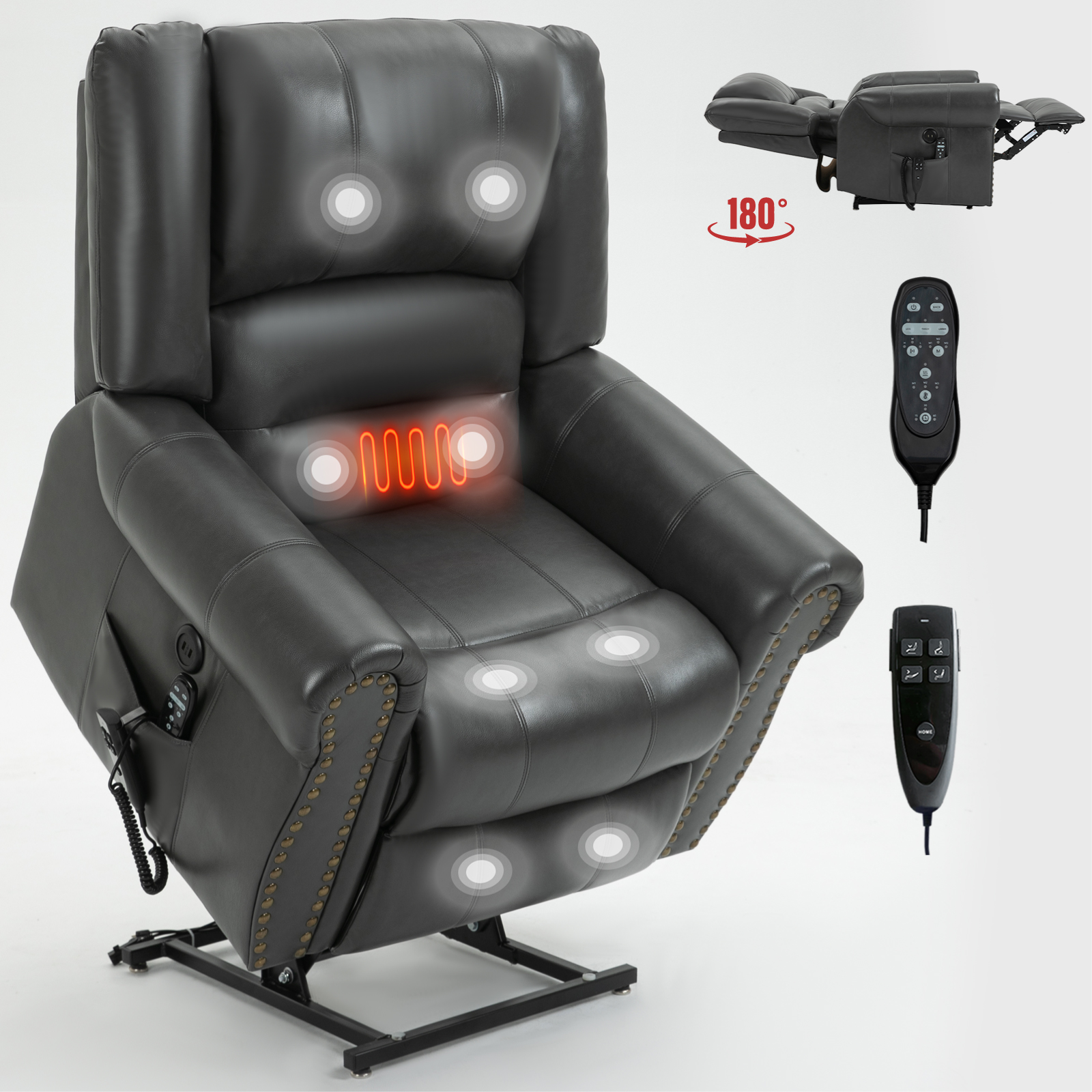 Power Lift Recliner Chair Heat Massage Dual Motor Infinite Position Up to 350 LBS, Faux Leather, Heavy Duty Motion Mechanism with USB Ports,  Antique Brown/Grey/Black/Brown