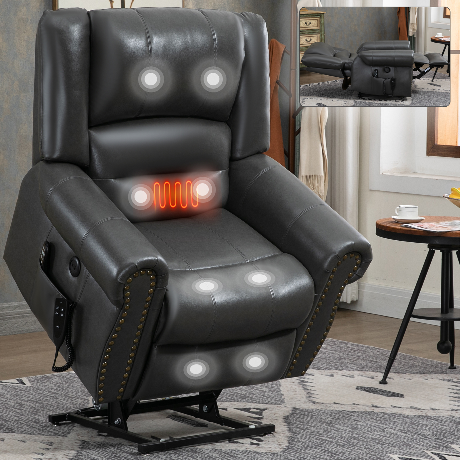 Power Lift Recliner Chair Heat Massage Dual Motor Infinite Position Up to 350 LBS, Faux Leather, Heavy Duty Motion Mechanism with USB Ports,  Antique Brown/Grey/Black/Brown