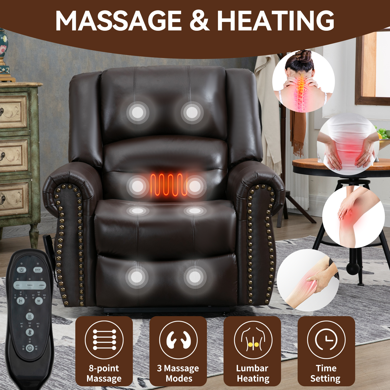 Power Lift Recliner Chair Heat Massage Dual Motor Infinite Position Up to 350 LBS, Faux Leather, Heavy Duty Motion Mechanism with USB Ports,  Antique Brown/Grey/Black/Brown