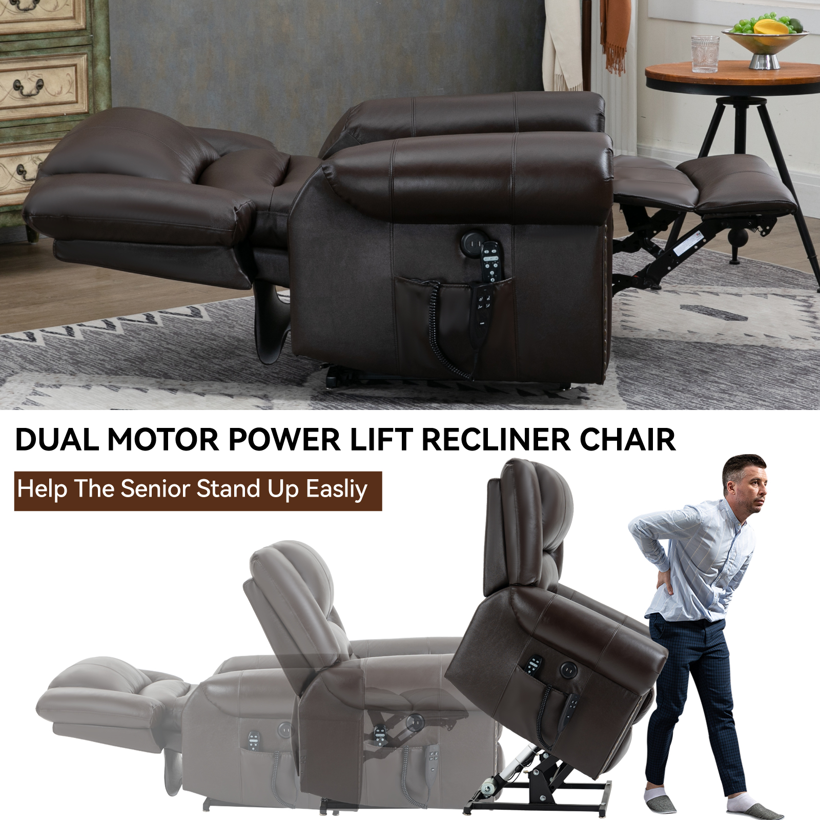 Power Lift Recliner Chair Heat Massage Dual Motor Infinite Position Up to 350 LBS, Faux Leather, Heavy Duty Motion Mechanism with USB Ports,  Antique Brown/Grey/Black/Brown