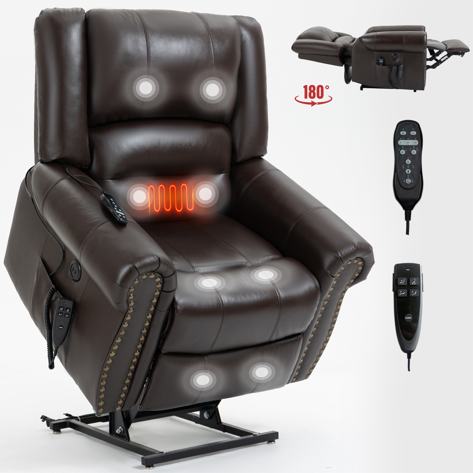 Power Lift Recliner Chair Heat Massage Dual Motor Infinite Position Up to 350 LBS, Faux Leather, Heavy Duty Motion Mechanism with USB Ports,  Antique Brown/Grey/Black/Brown