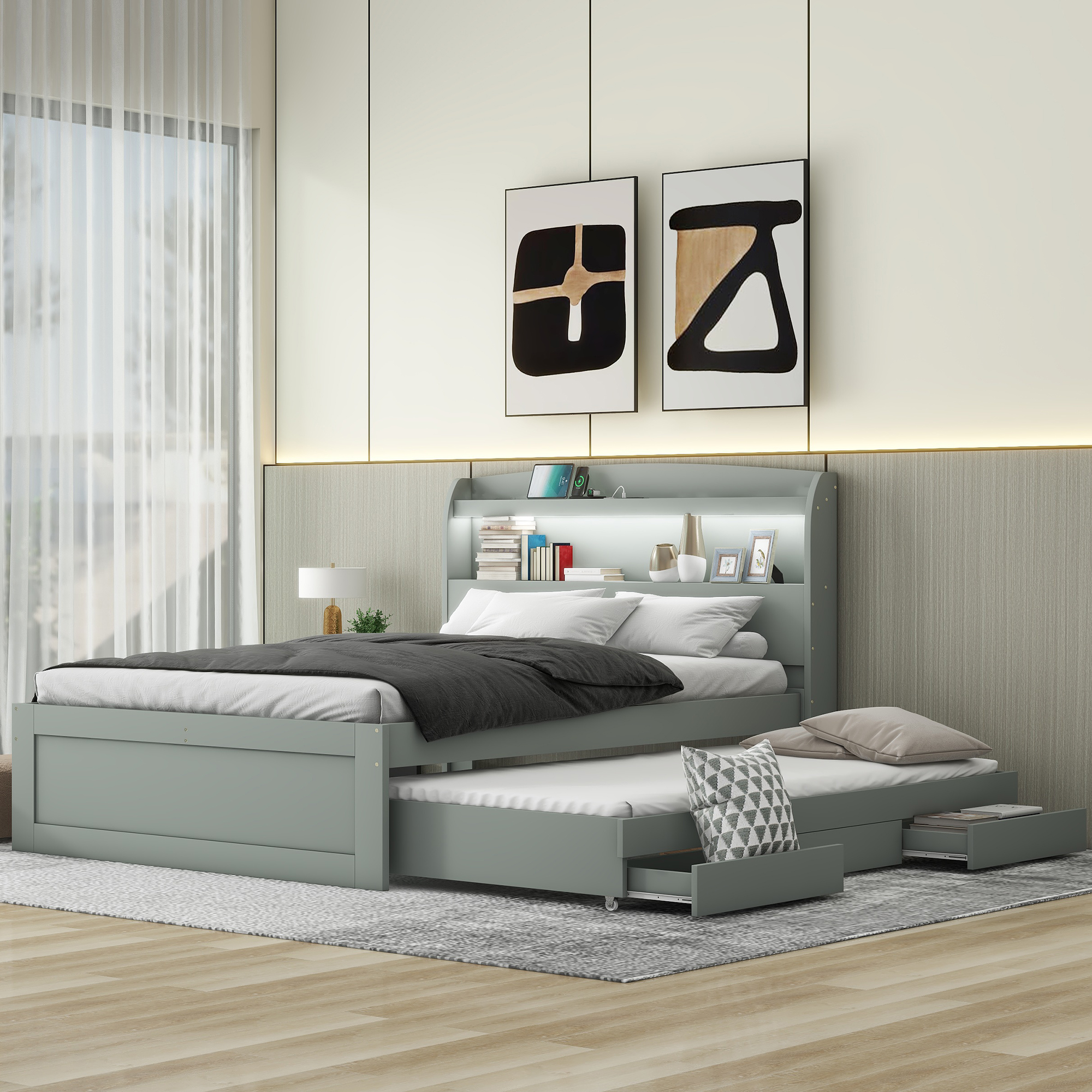 Full XL Size Platform Bed with Storage LED Headboard, Charging Station, Twin Size Trundle and 2 Drawers, Gray/Dark Brown