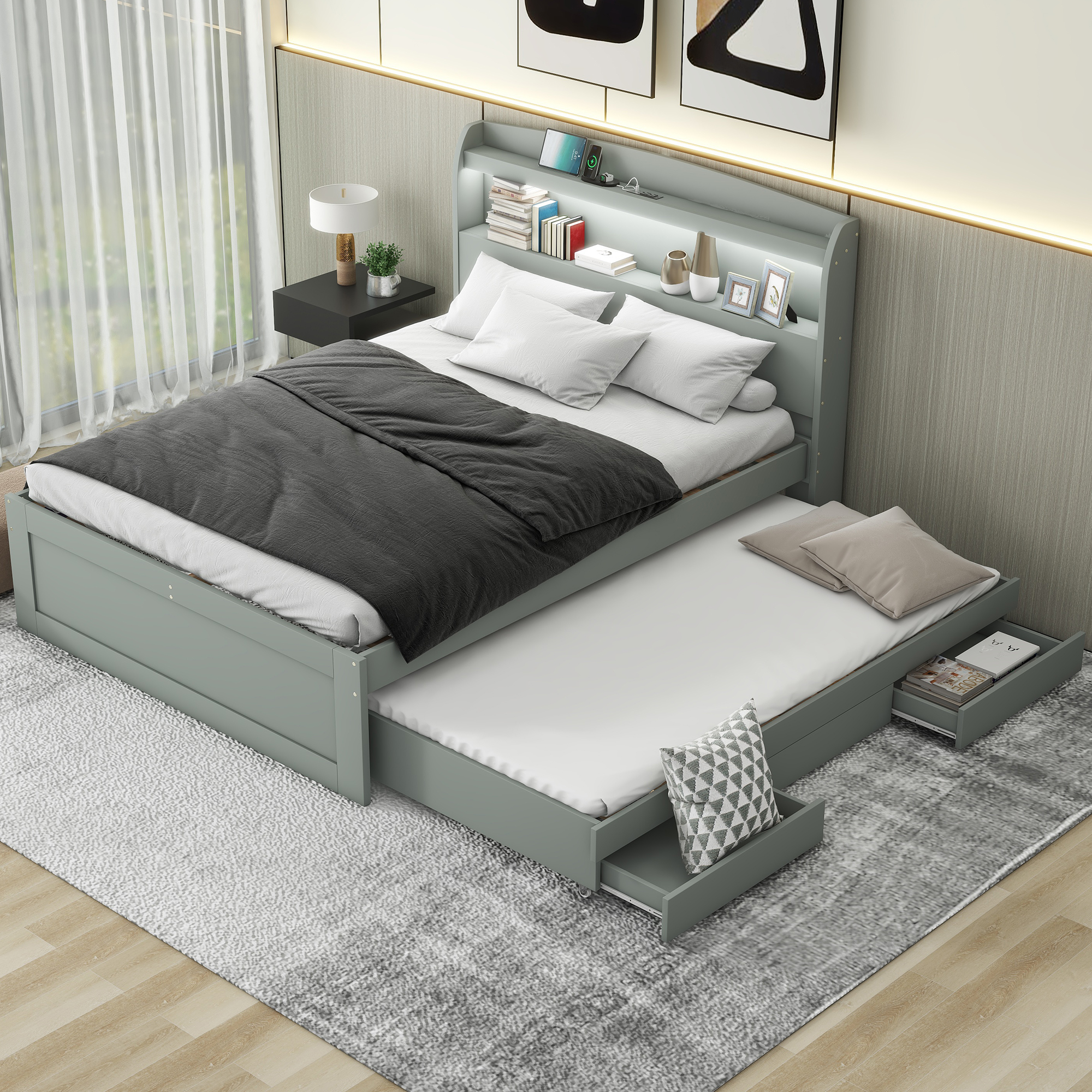Full XL Size Platform Bed with Storage LED Headboard, Charging Station, Twin Size Trundle and 2 Drawers, Gray/Dark Brown