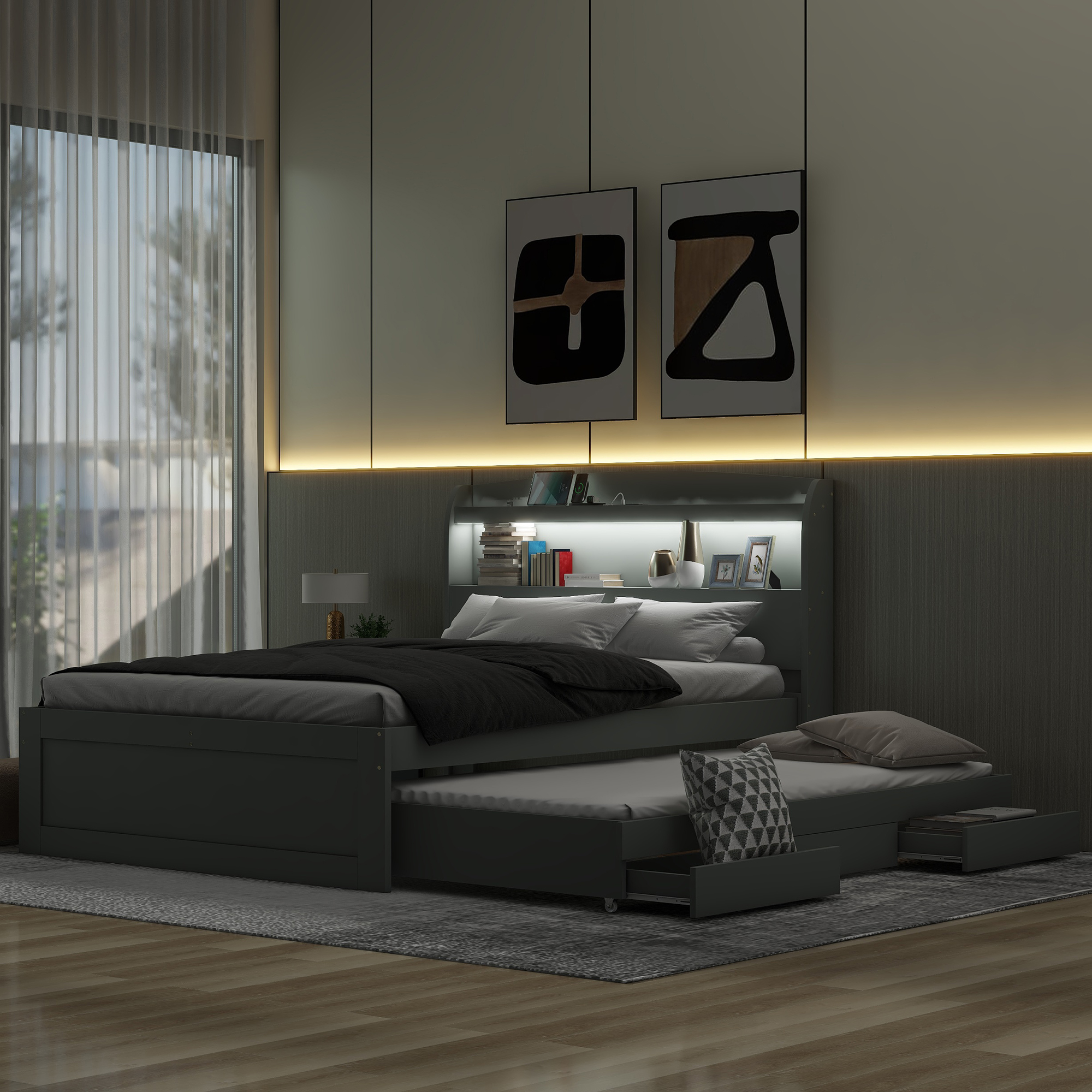 Full XL Size Platform Bed with Storage LED Headboard, Charging Station, Twin Size Trundle and 2 Drawers, Gray/Dark Brown