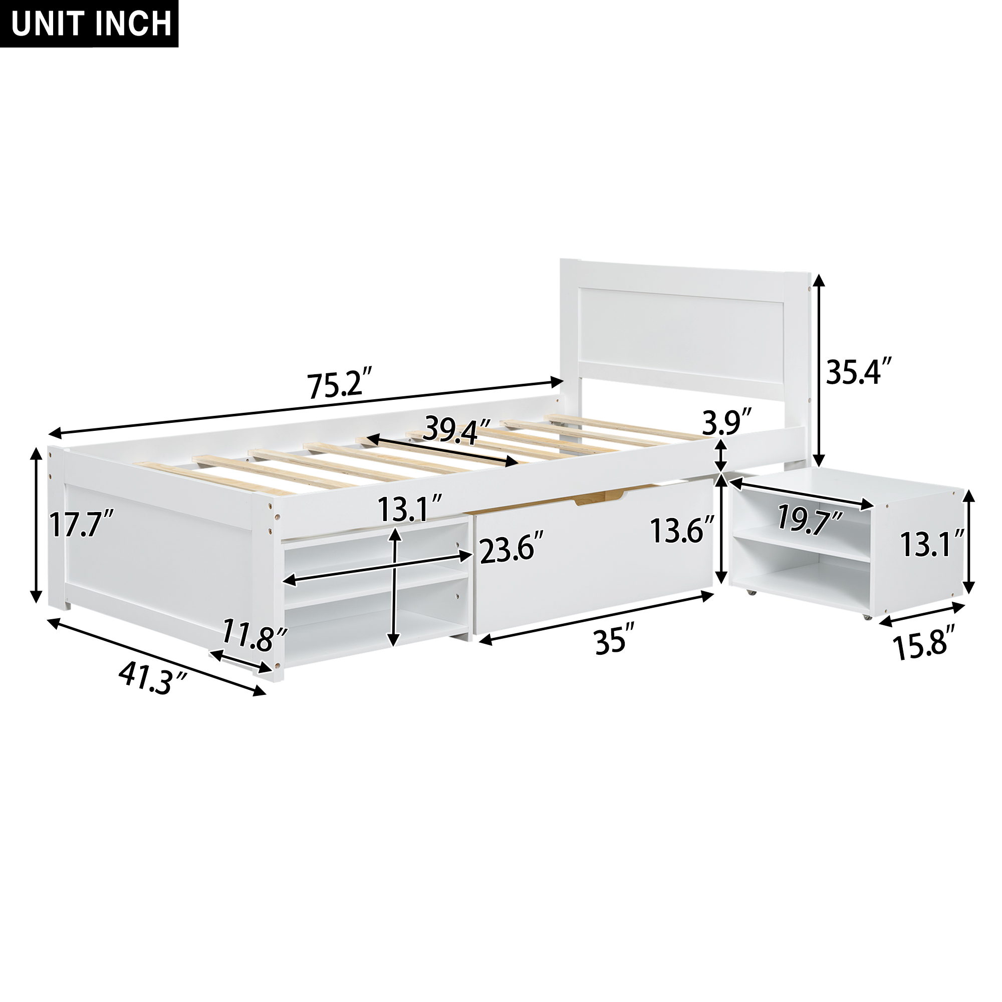 Twin Size Platform Bed With Drawer And Two Shelves, White/Gray