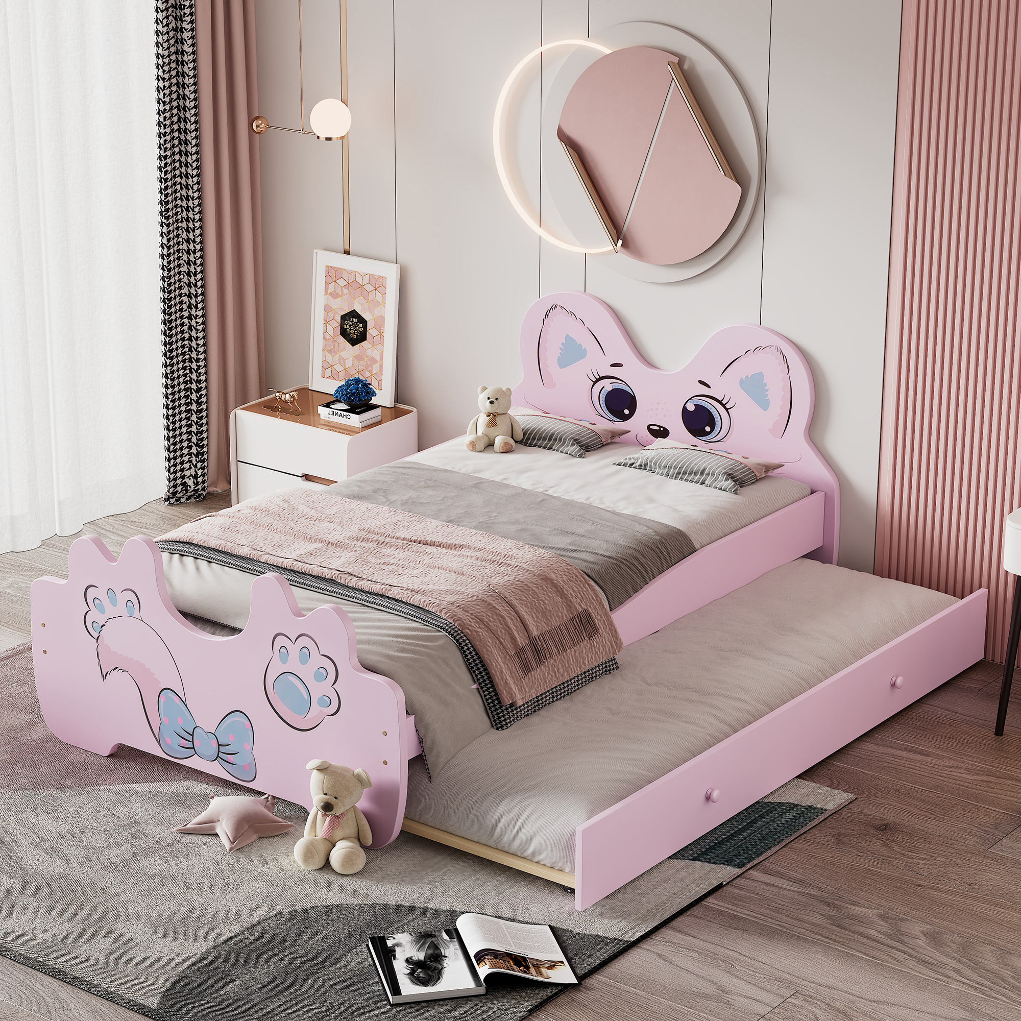 Cartoon Twin Size Platform Bed with Trundle, Pink/White