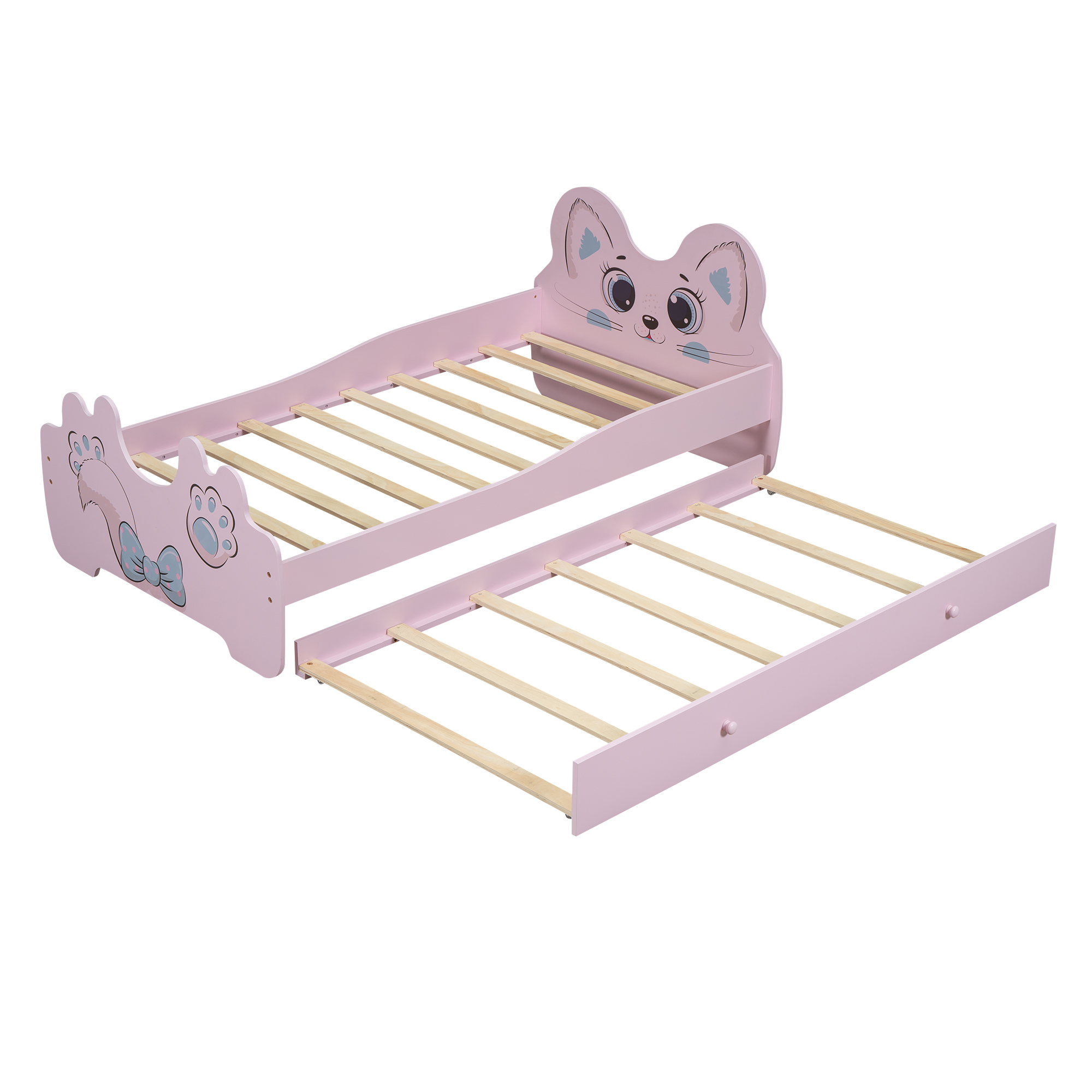 Cartoon Twin Size Platform Bed with Trundle, Pink/White