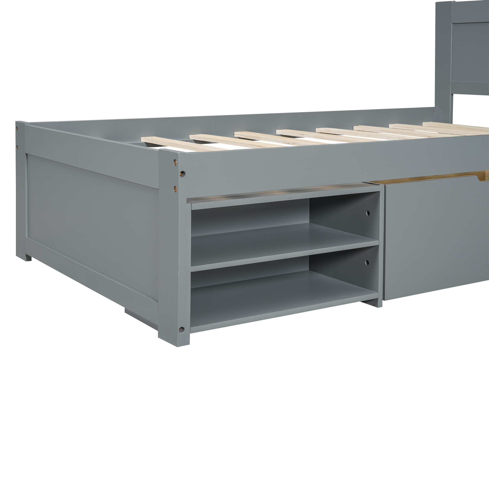 Twin Size Platform Bed With Drawer And Two Shelves, White/Gray