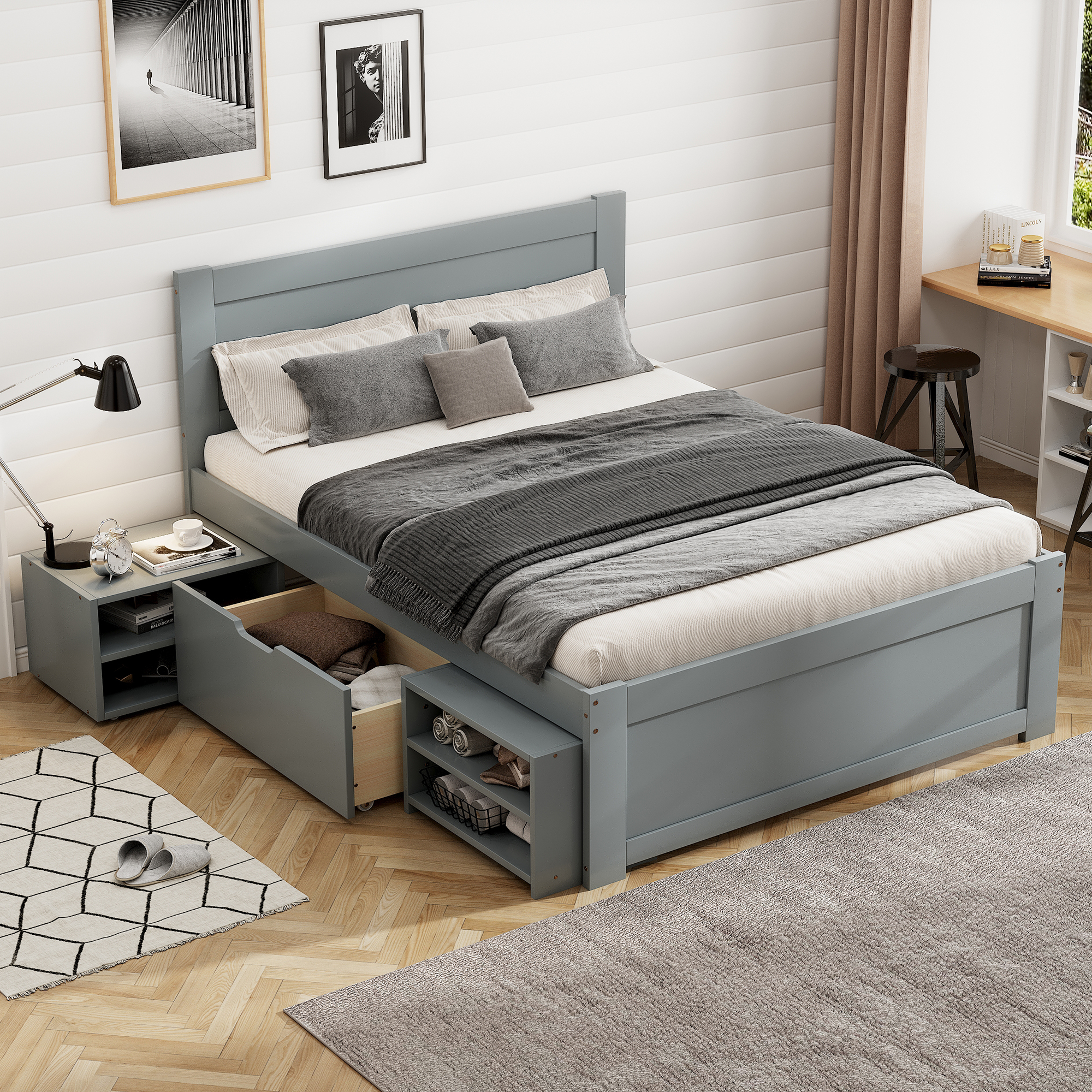 Twin Size Platform Bed With Drawer And Two Shelves, White/Gray