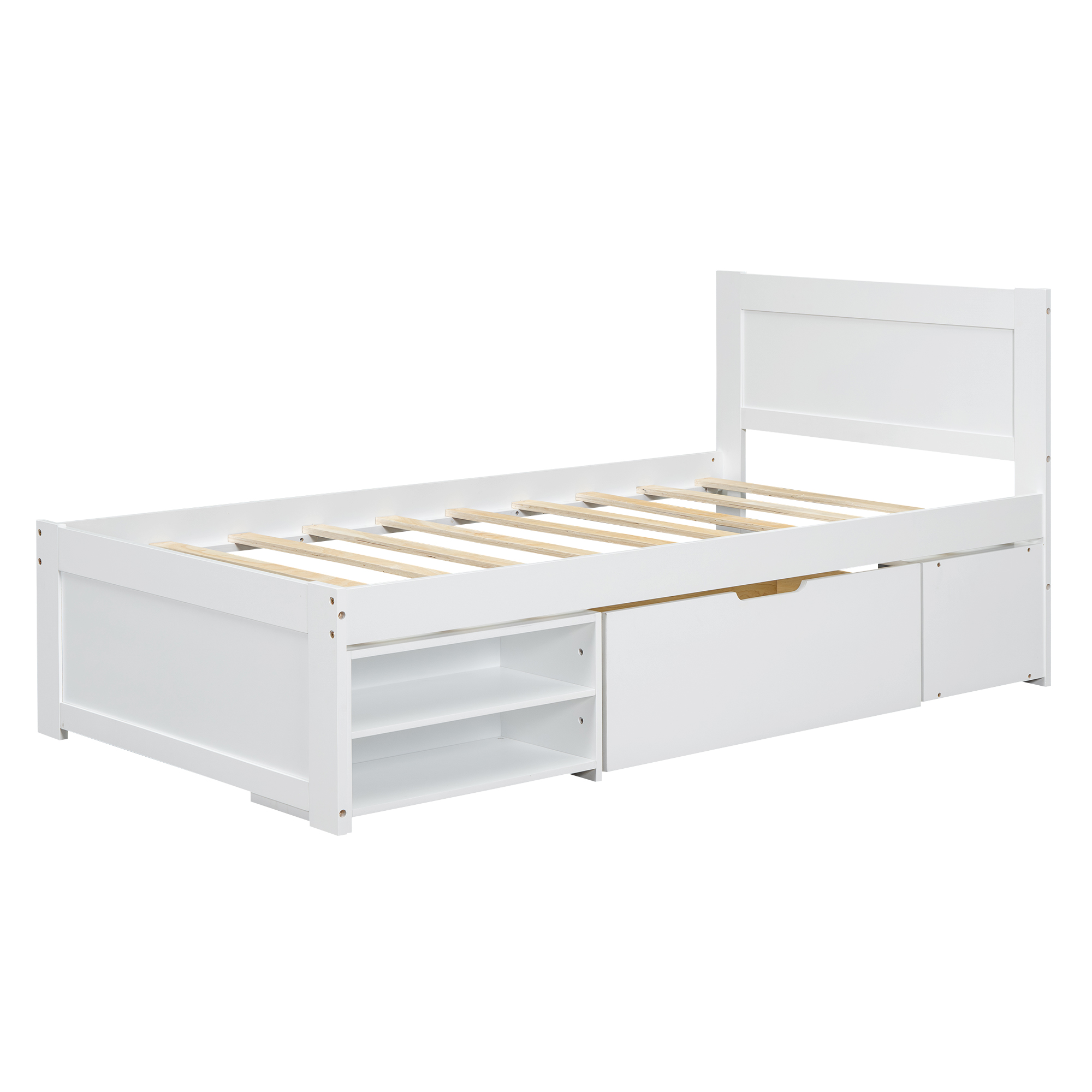 Twin Size Platform Bed With Drawer And Two Shelves, White/Gray