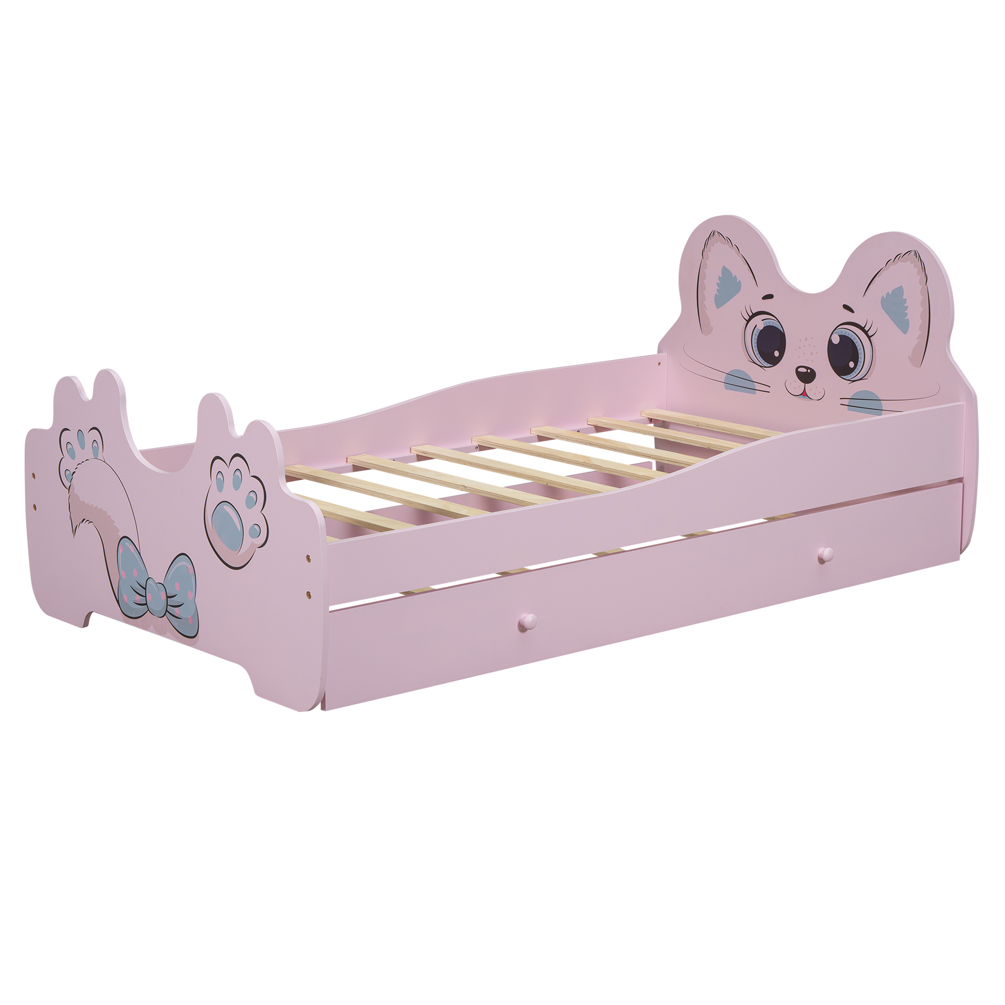 Cartoon Twin Size Platform Bed with Trundle, Pink/White