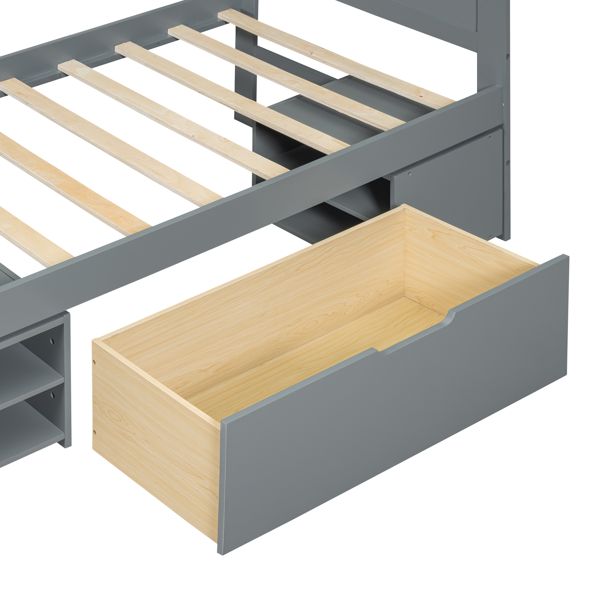 Twin Size Platform Bed With Drawer And Two Shelves, White/Gray