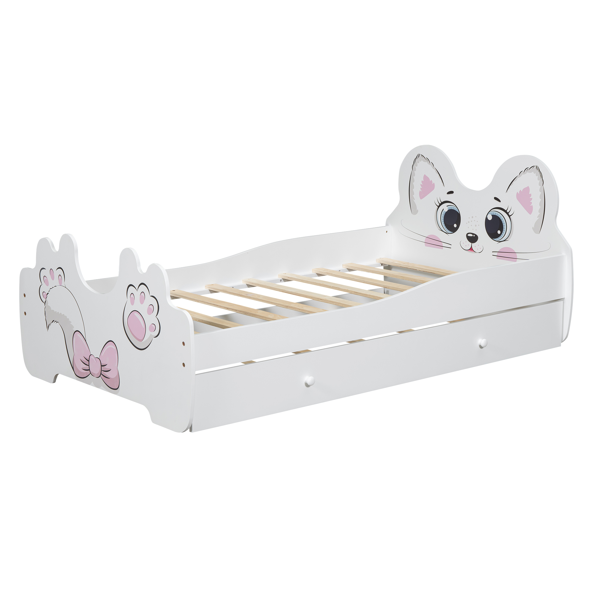 Cartoon Twin Size Platform Bed with Trundle, Pink/White