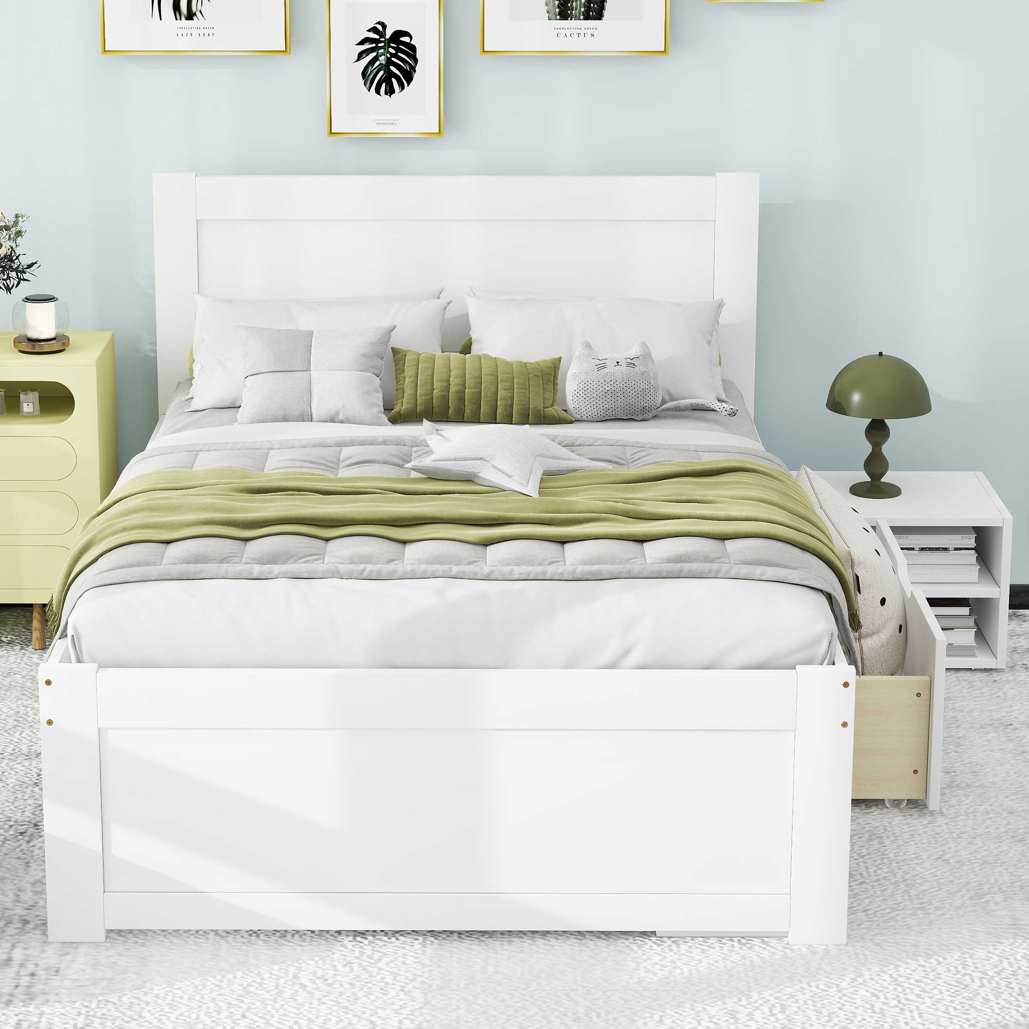 Twin Size Platform Bed With Drawer And Two Shelves, White/Gray