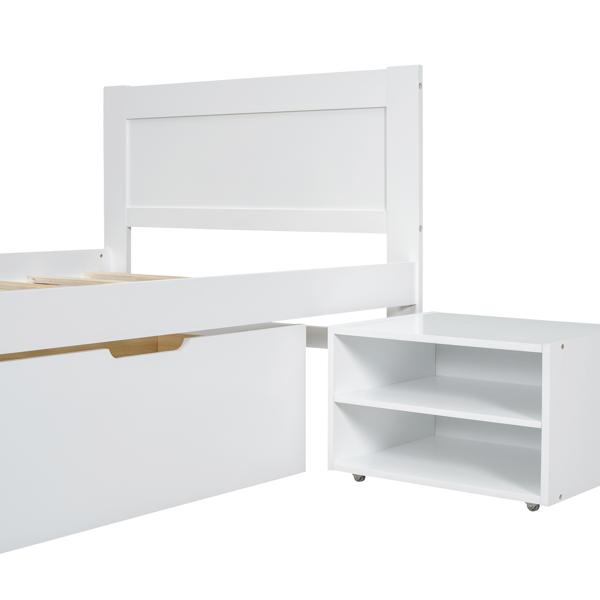 Twin Size Platform Bed With Drawer And Two Shelves, White/Gray
