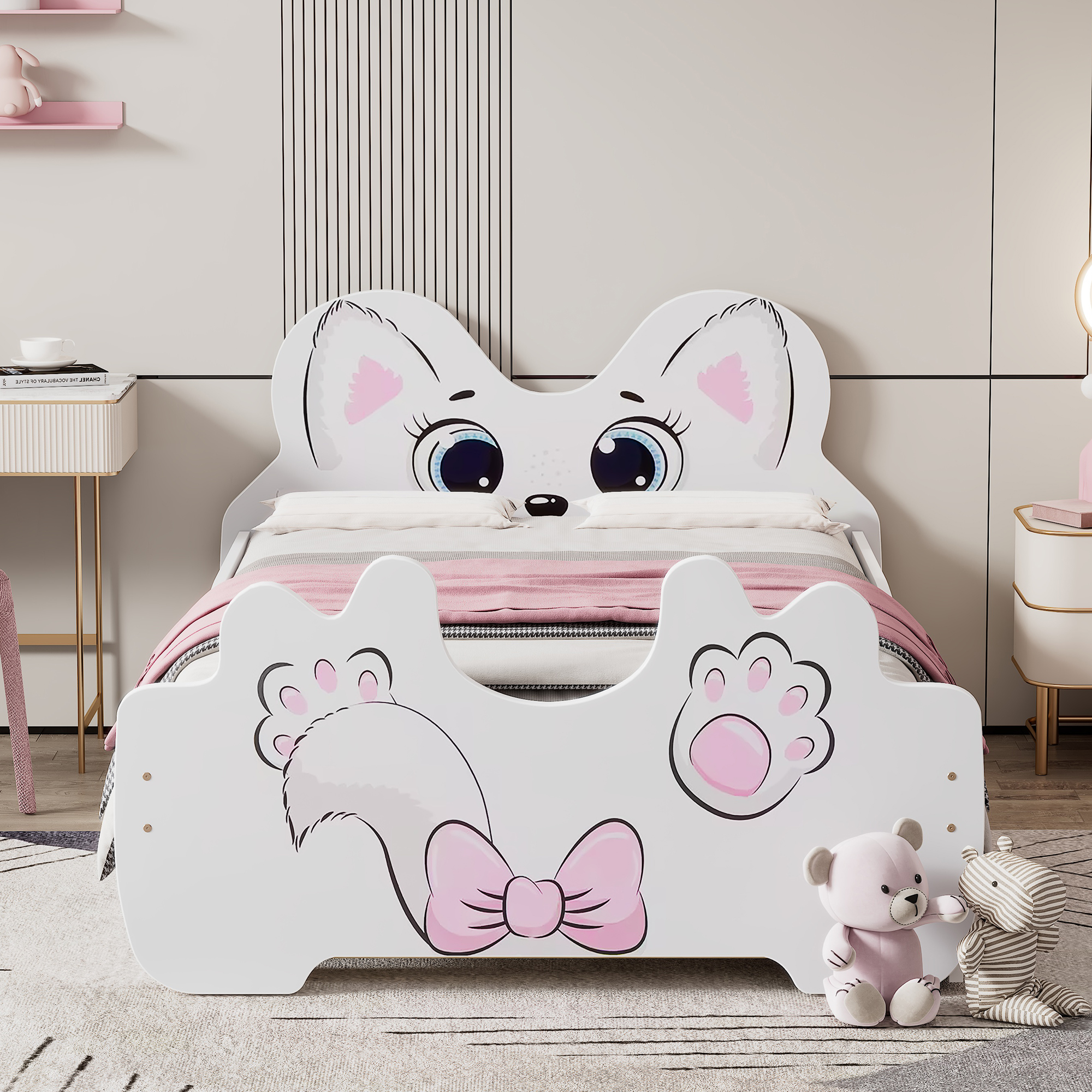 Cartoon Twin Size Platform Bed with Trundle, Pink/White