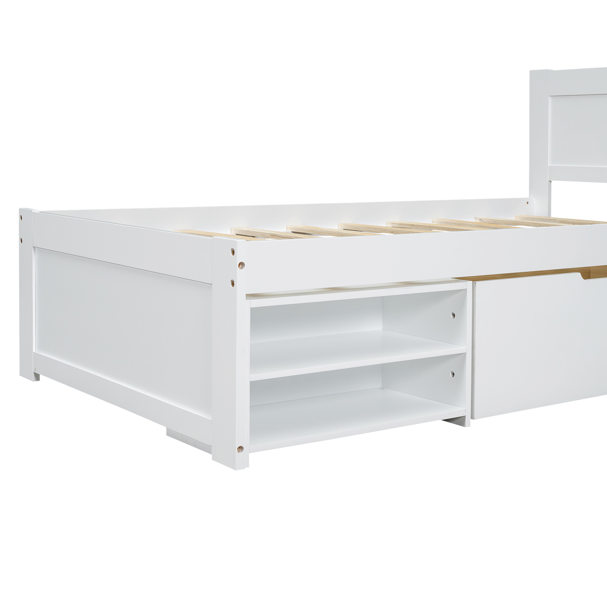 Twin Size Platform Bed With Drawer And Two Shelves, White/Gray