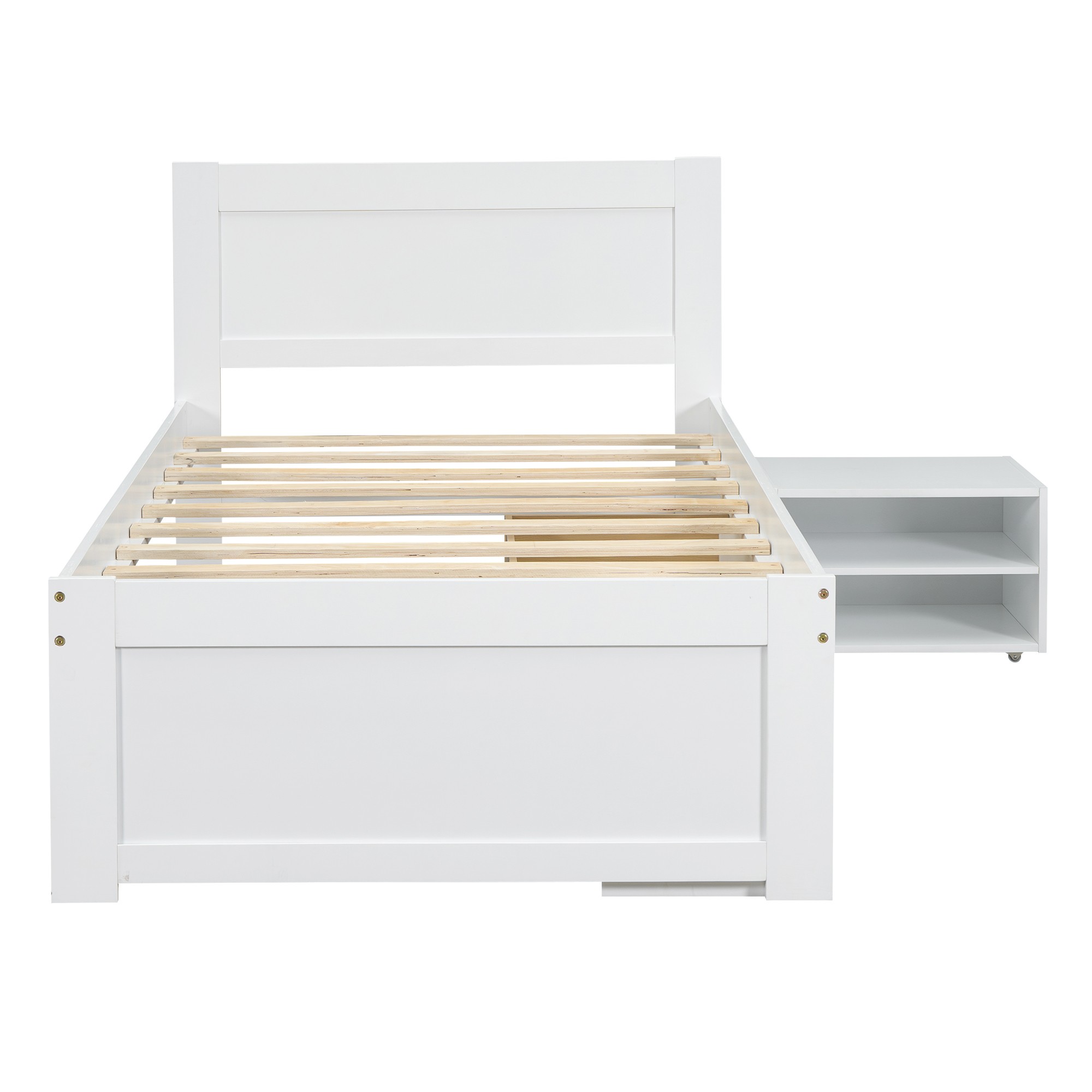 Twin Size Platform Bed With Drawer And Two Shelves, White/Gray