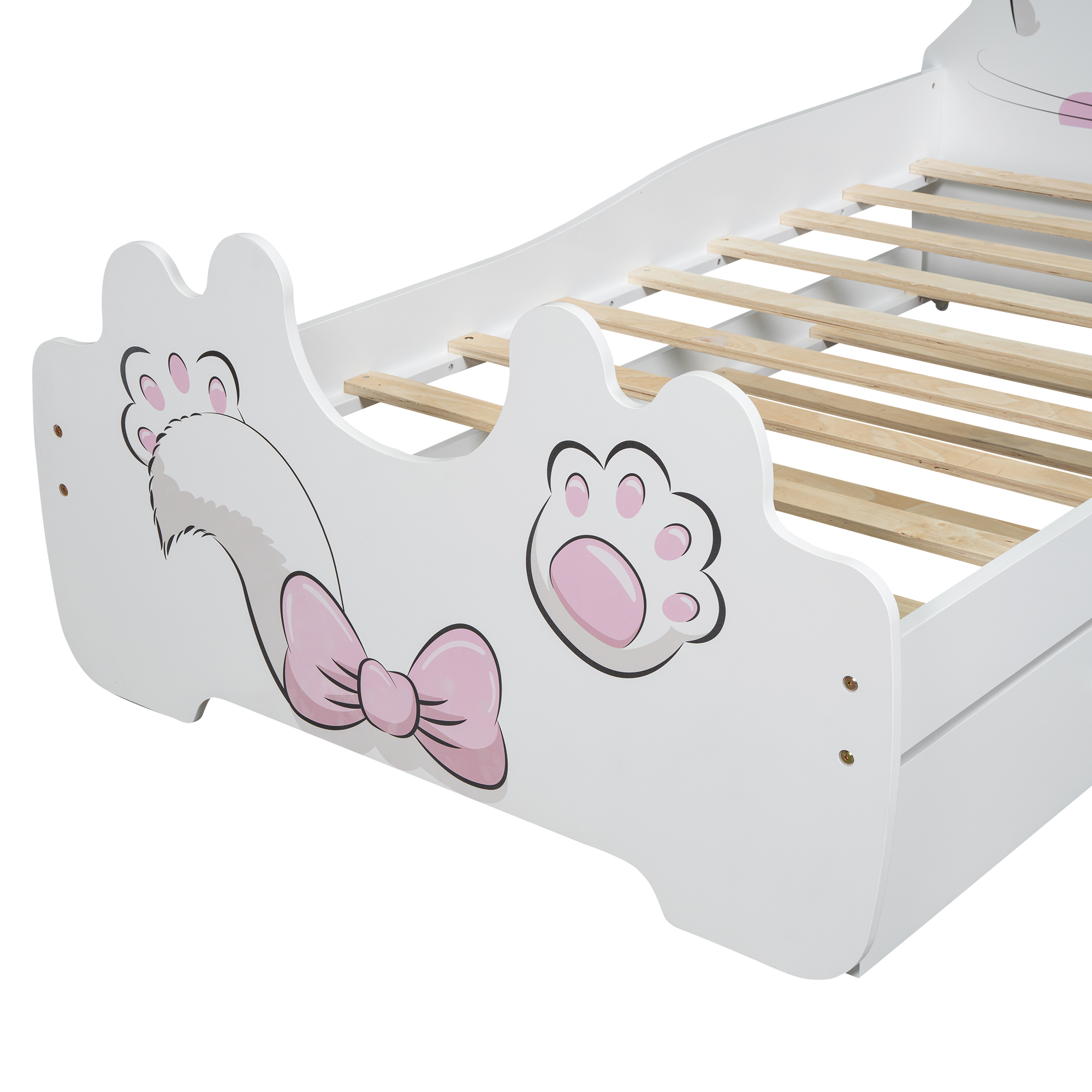 Cartoon Twin Size Platform Bed with Trundle, Pink/White