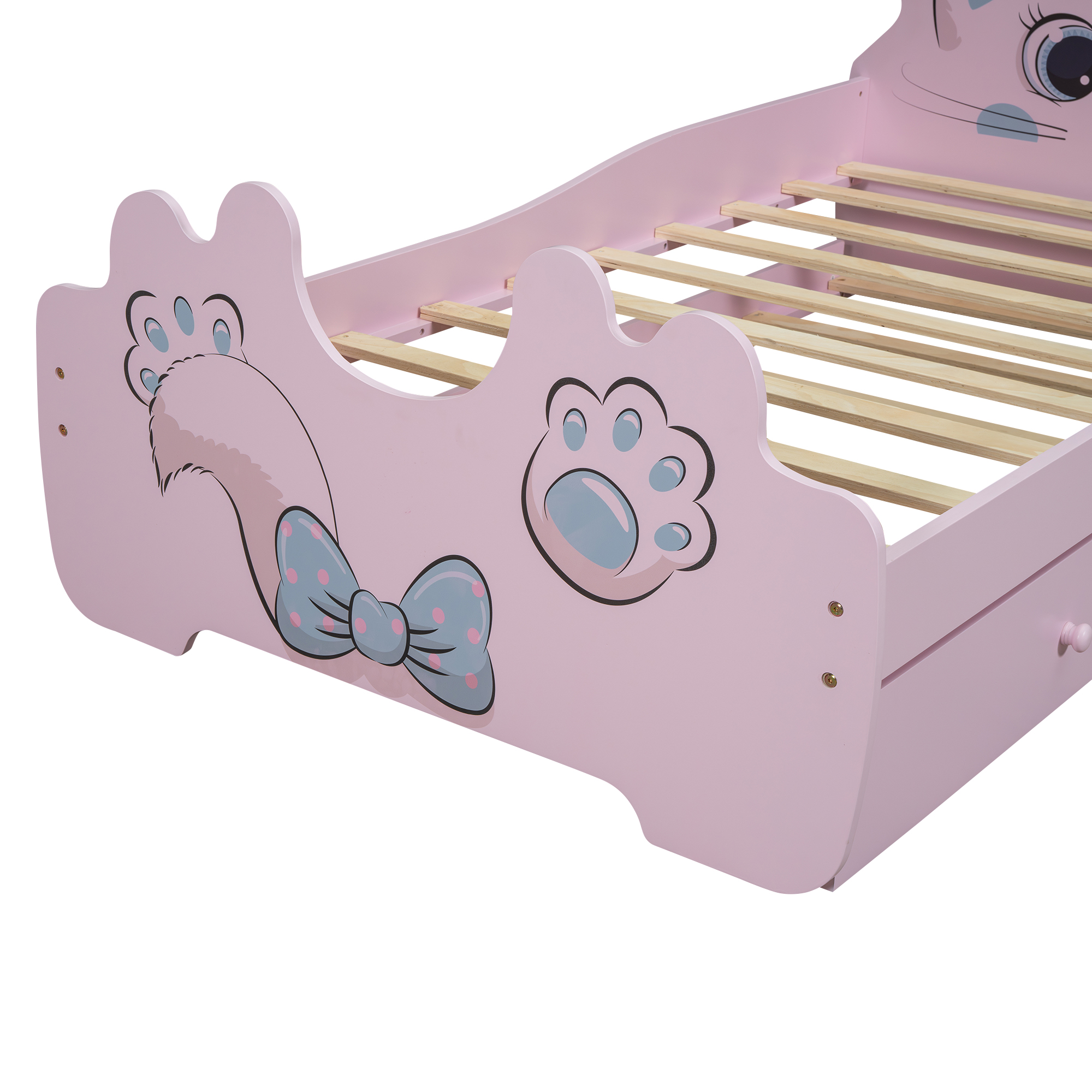 Cartoon Twin Size Platform Bed with Trundle, Pink/White