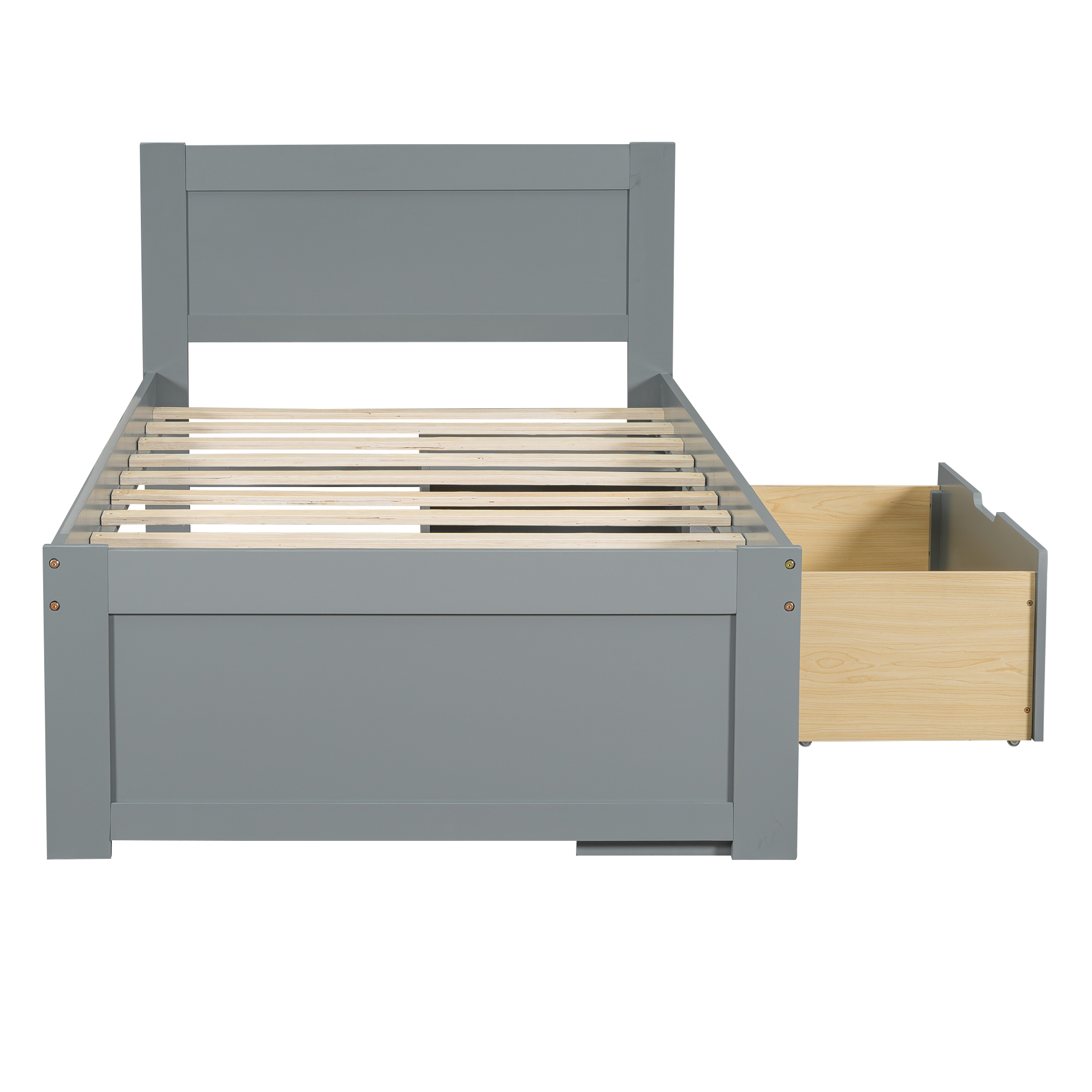 Twin Size Platform Bed With Drawer And Two Shelves, White/Gray