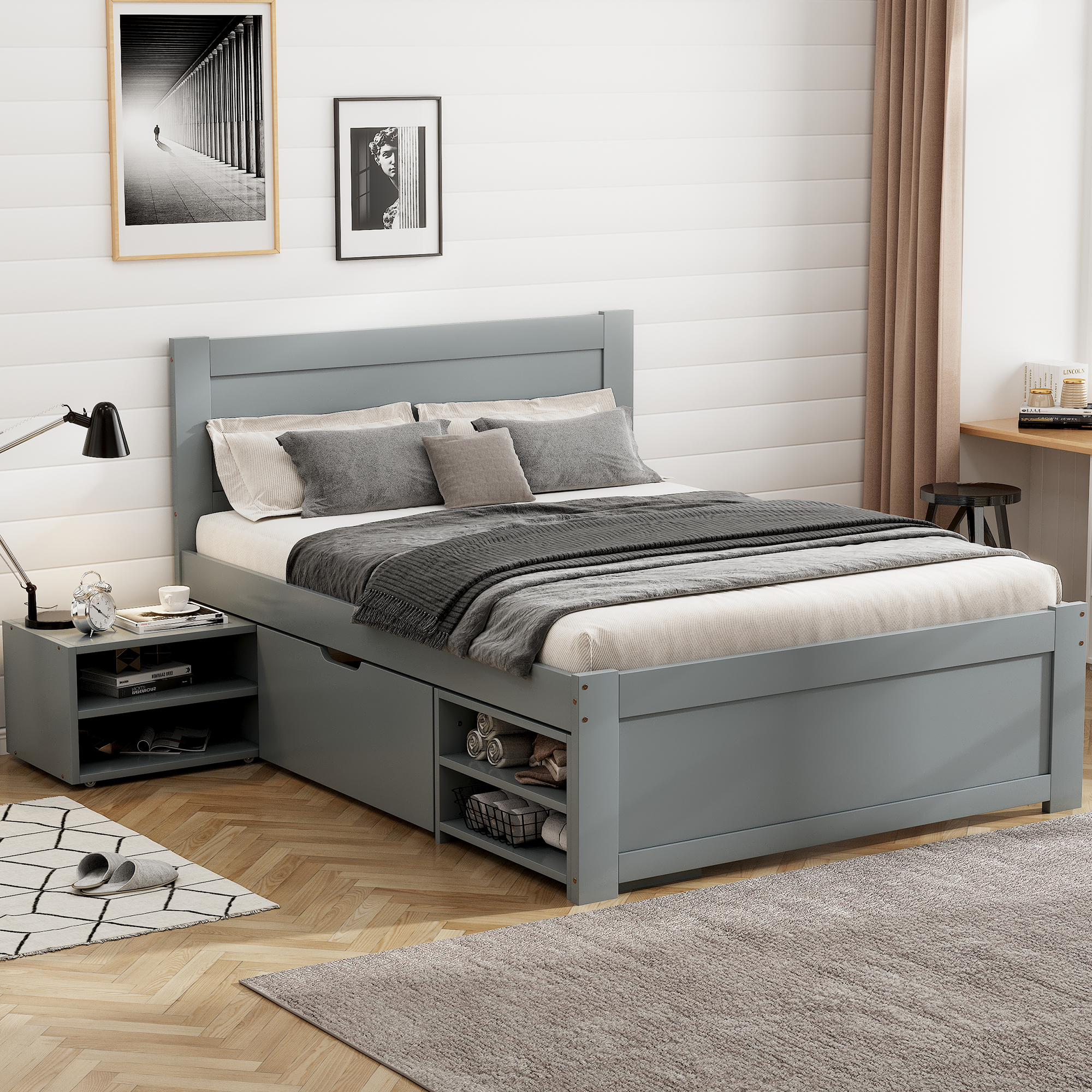 Twin Size Platform Bed With Drawer And Two Shelves, White/Gray