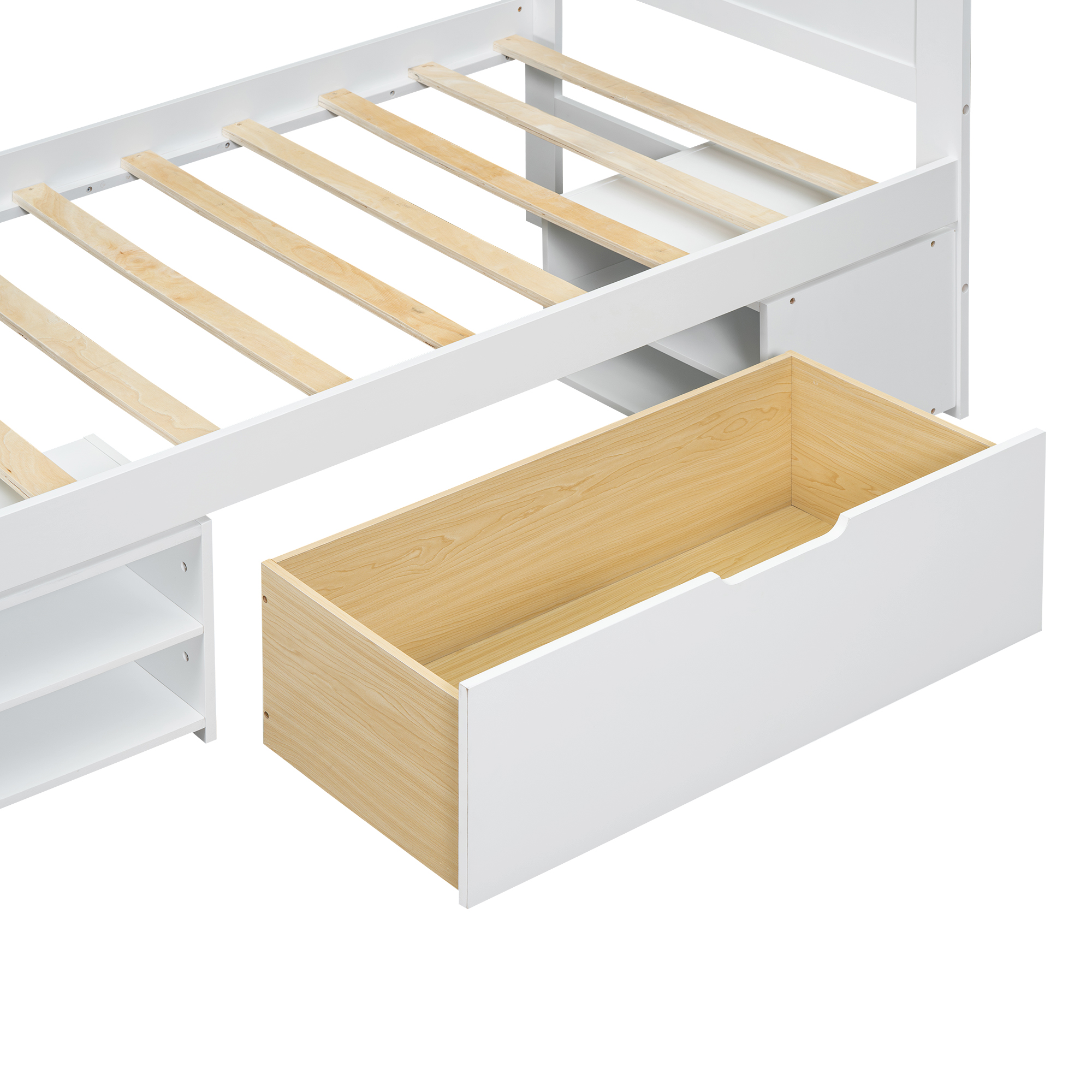 Twin Size Platform Bed With Drawer And Two Shelves, White/Gray