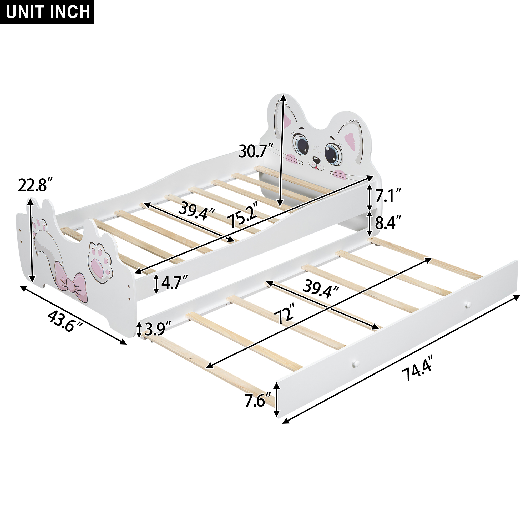 Cartoon Twin Size Platform Bed with Trundle, Pink/White