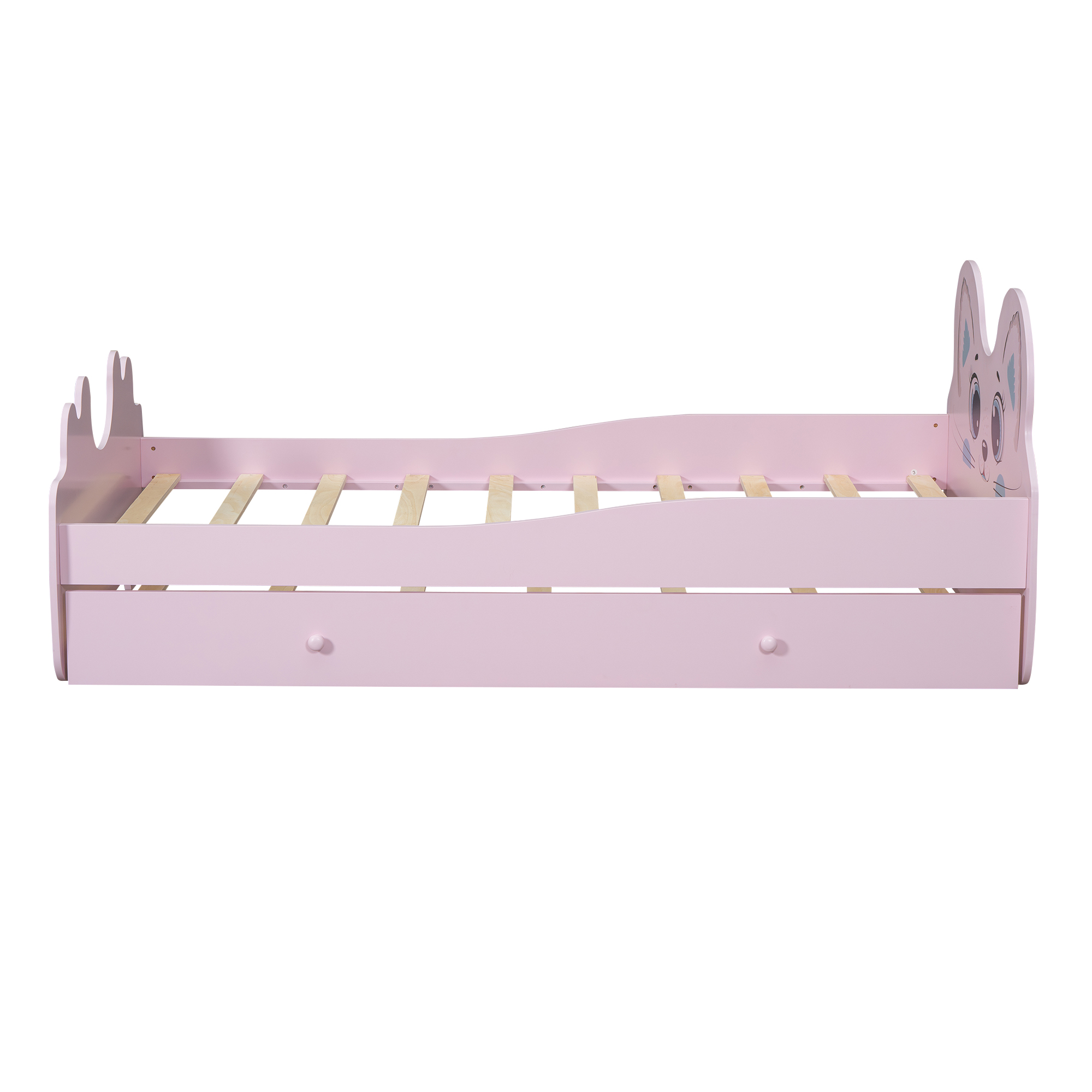 Cartoon Twin Size Platform Bed with Trundle, Pink/White
