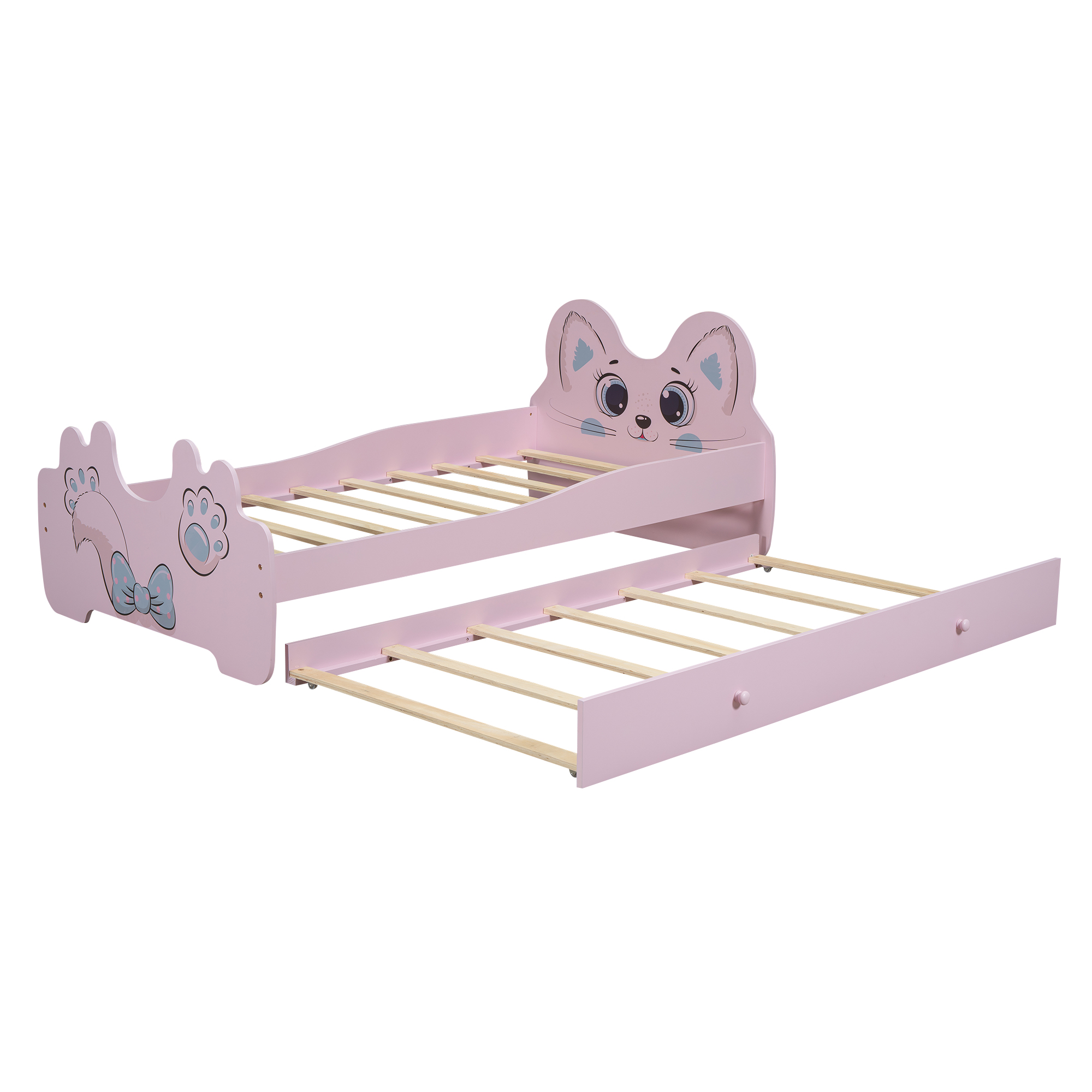 Cartoon Twin Size Platform Bed with Trundle, Pink/White