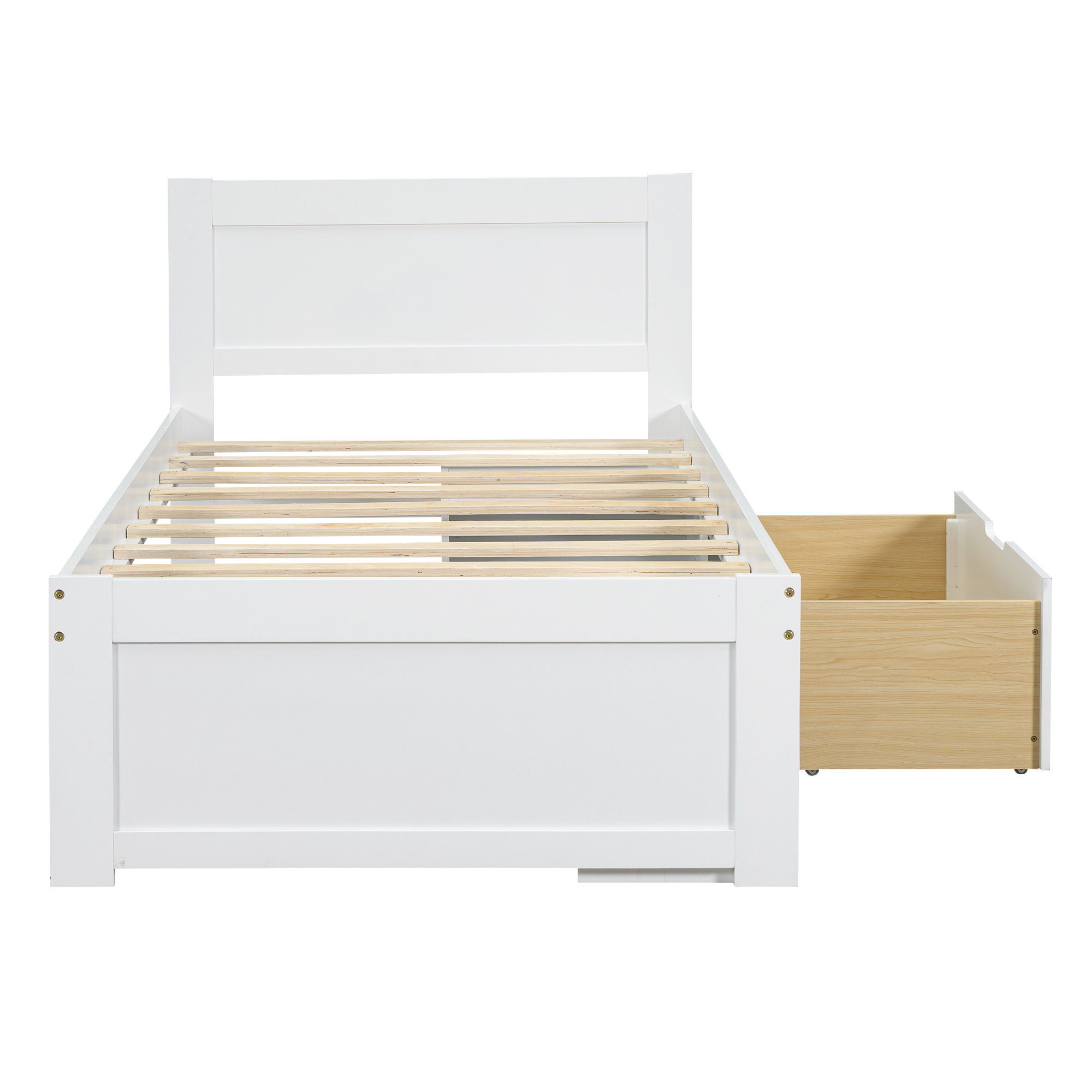 Twin Size Platform Bed With Drawer And Two Shelves, White/Gray