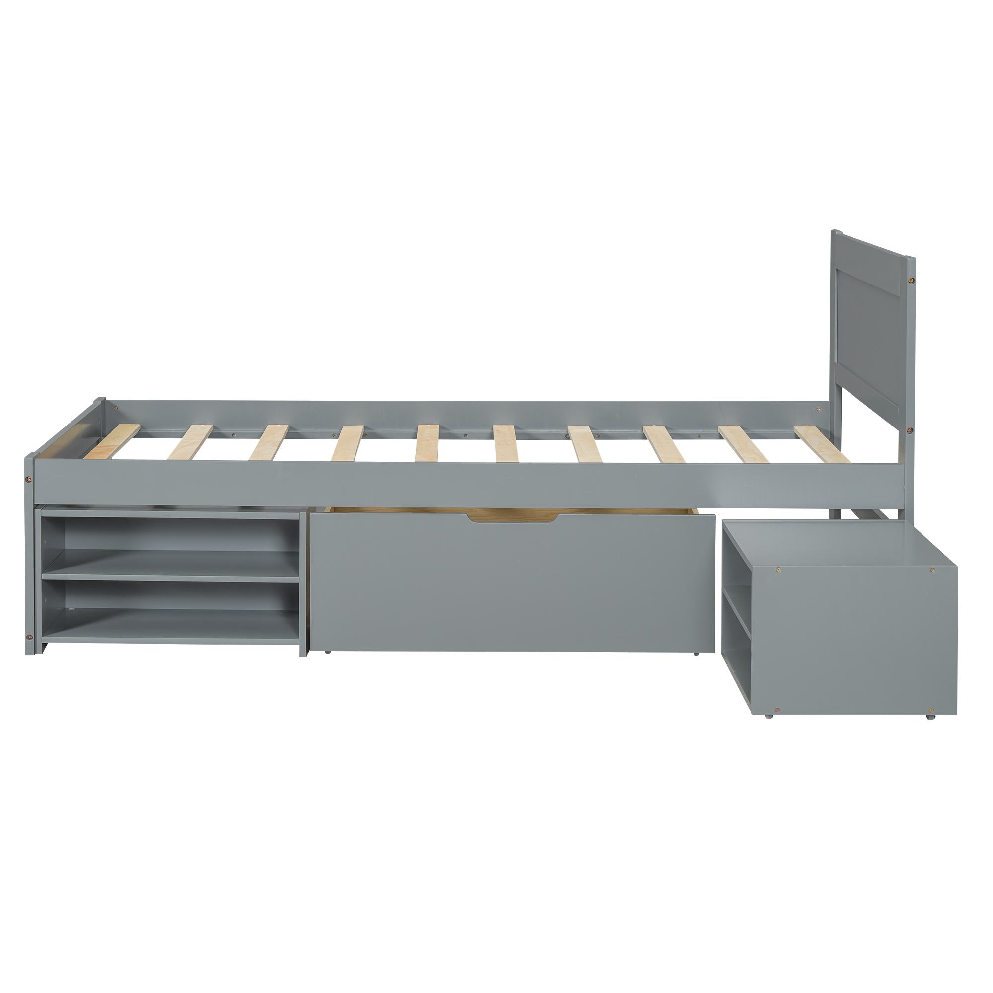 Twin Size Platform Bed With Drawer And Two Shelves, White/Gray